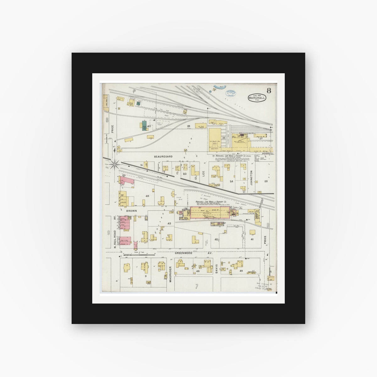 Old map wall art mockup — black gallery frame with white mat — Sanborn Fire Insurance Map from Marshall, Harrison County, Texas (1894), Sheet #0008