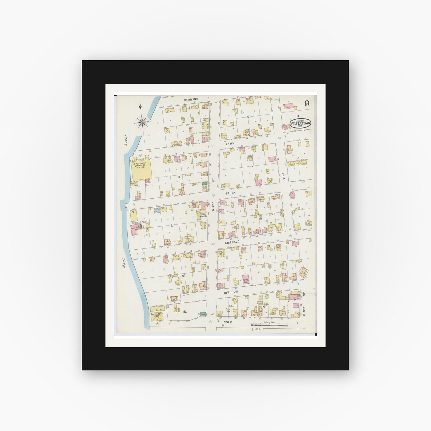 Old map wall art mockup — black gallery frame with white mat — Sanborn Fire Insurance Map from Watertown, Jefferson County, Wisconsin (1895), Sheet #0009