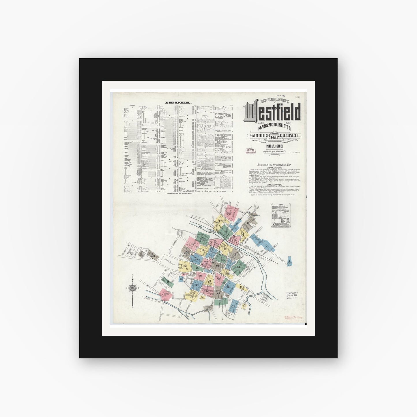 Old map wall art mockup — black gallery frame with white mat — Sanborn Fire Insurance Map from Westfield, Hampden County, Massachusetts (1910), Sheet #0001