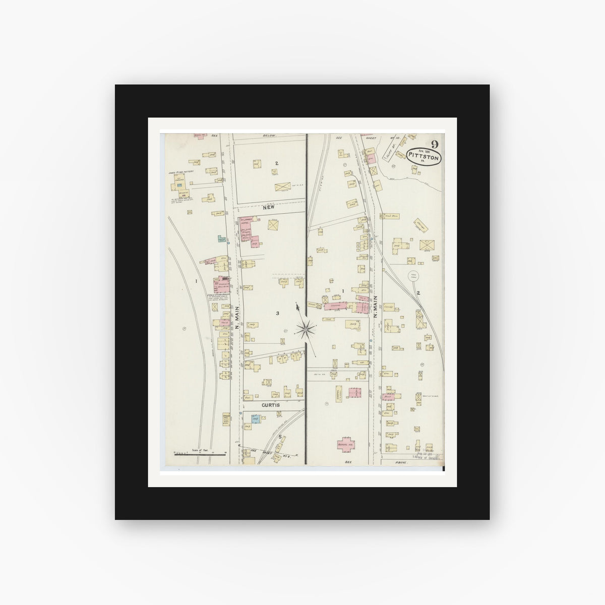 Old map wall art mockup — black gallery frame with white mat — Sanborn Fire Insurance Map from Pittston, Luzerne County, Pennsylvania (1891), Sheet #0009