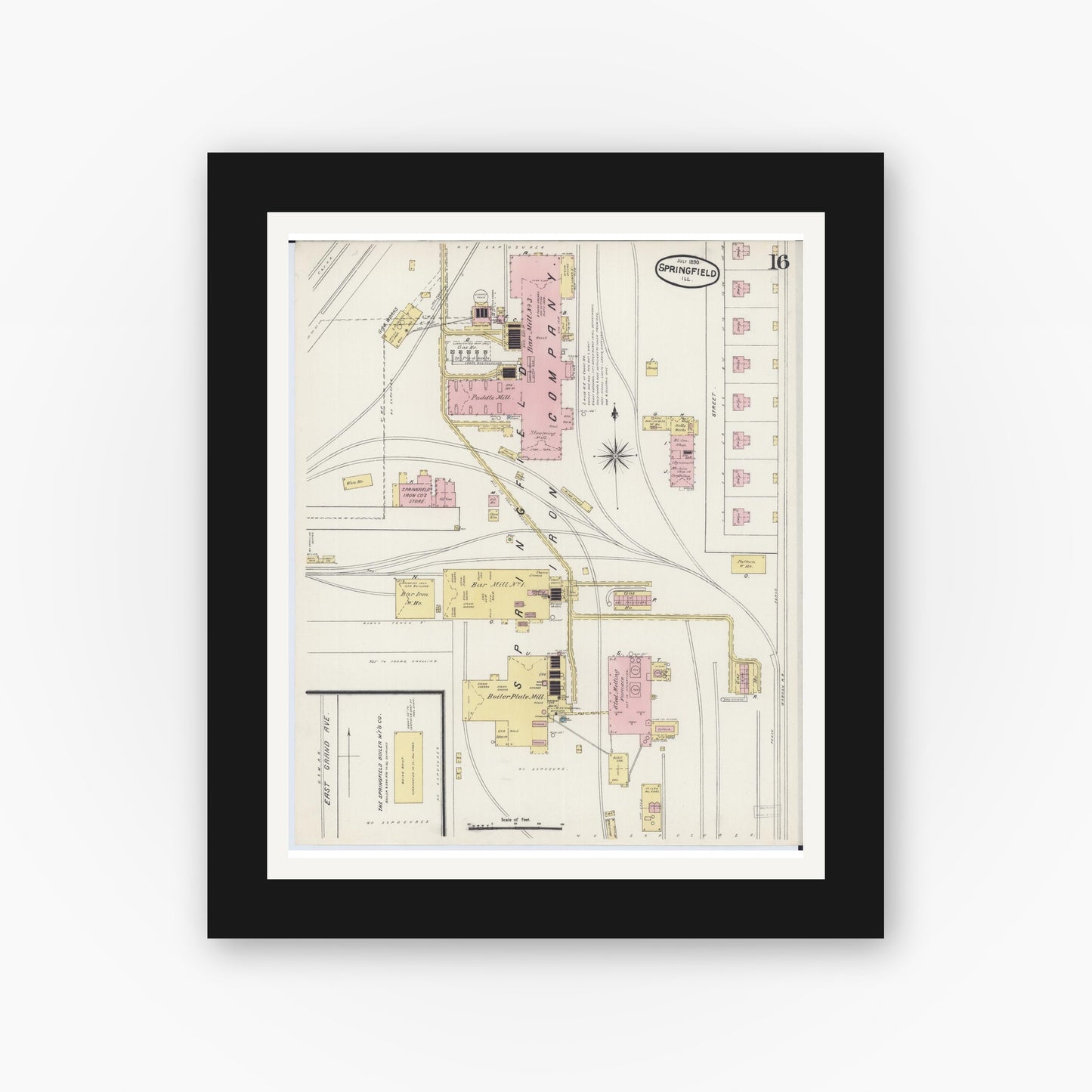 Old map wall art mockup — black gallery frame with white mat — Sanborn Fire Insurance Map from Springfield, Sangamon County, Illinois (1890), Sheet #0016