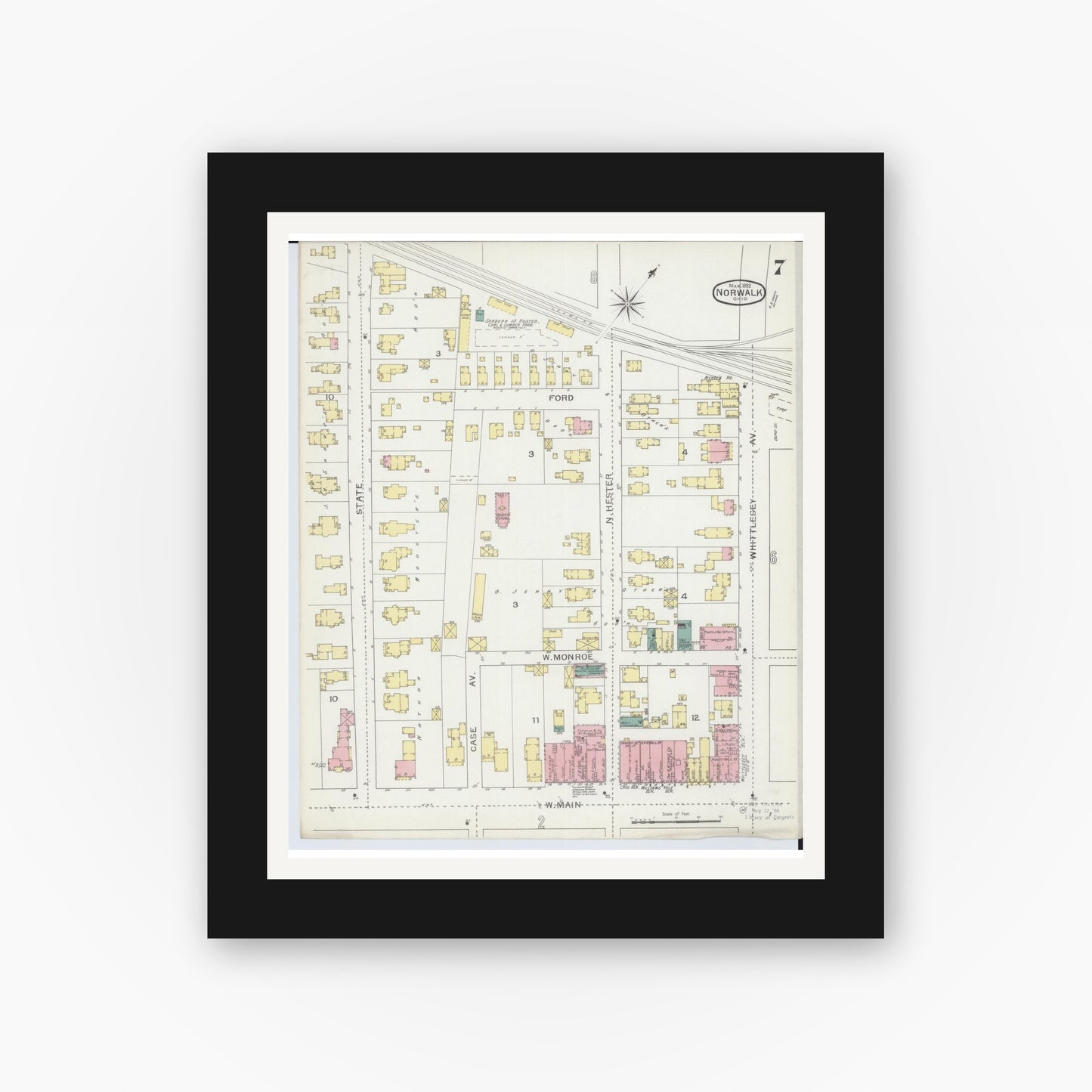 Old map wall art mockup — black gallery frame with white mat — Sanborn Fire Insurance Map from Norwalk, Huron County, Ohio (1893), Sheet #0007