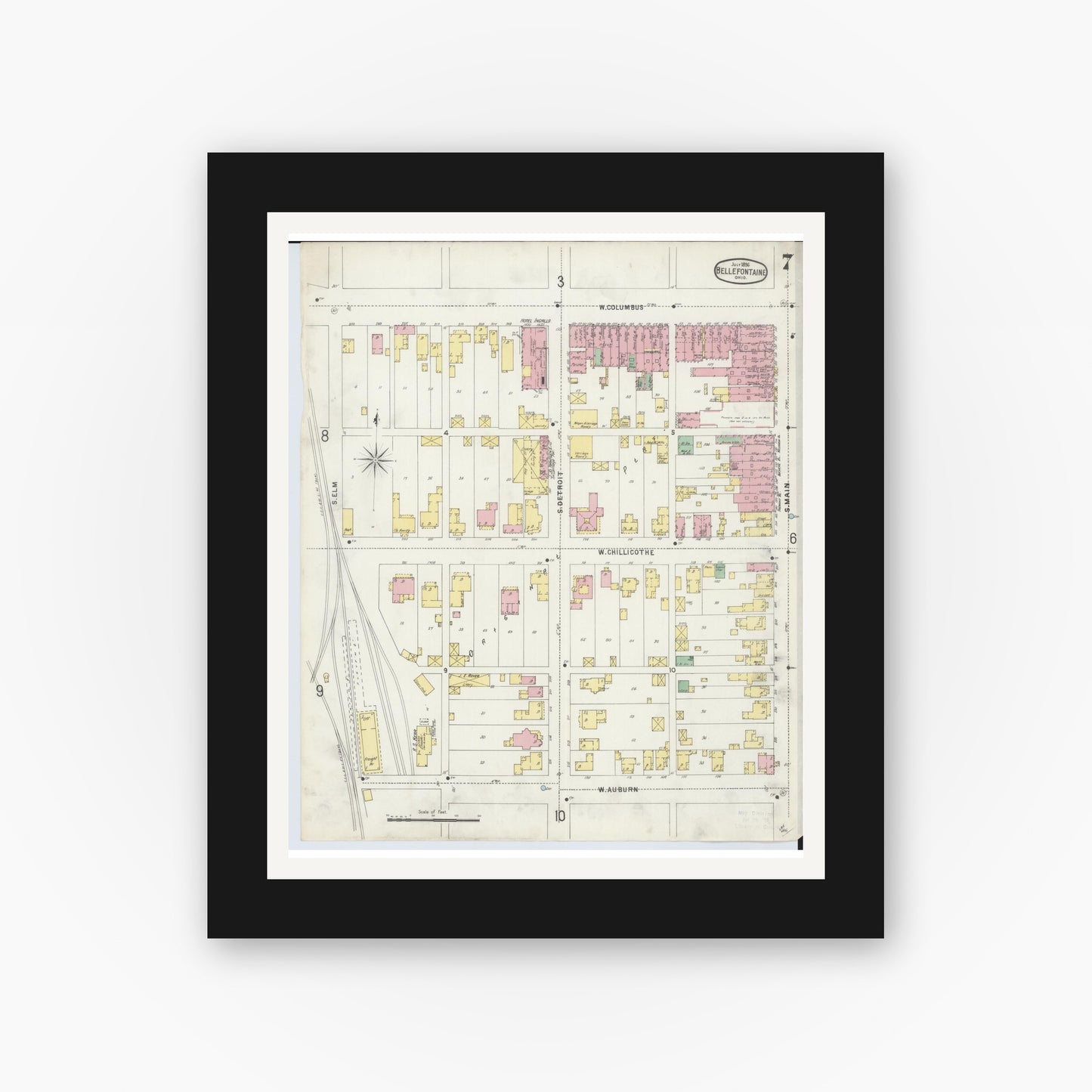 Old map wall art mockup — black gallery frame with white mat — Sanborn Fire Insurance Map from Bellefontaine, Logan County, Ohio (1896), Sheet #0007