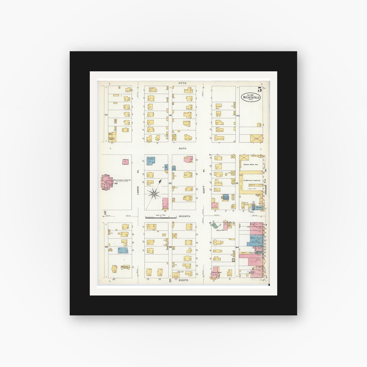 Old map wall art mockup — black gallery frame with white mat — Sanborn Fire Insurance Map from Wichita Falls, Wichita County, Texas (1908), Sheet #0005