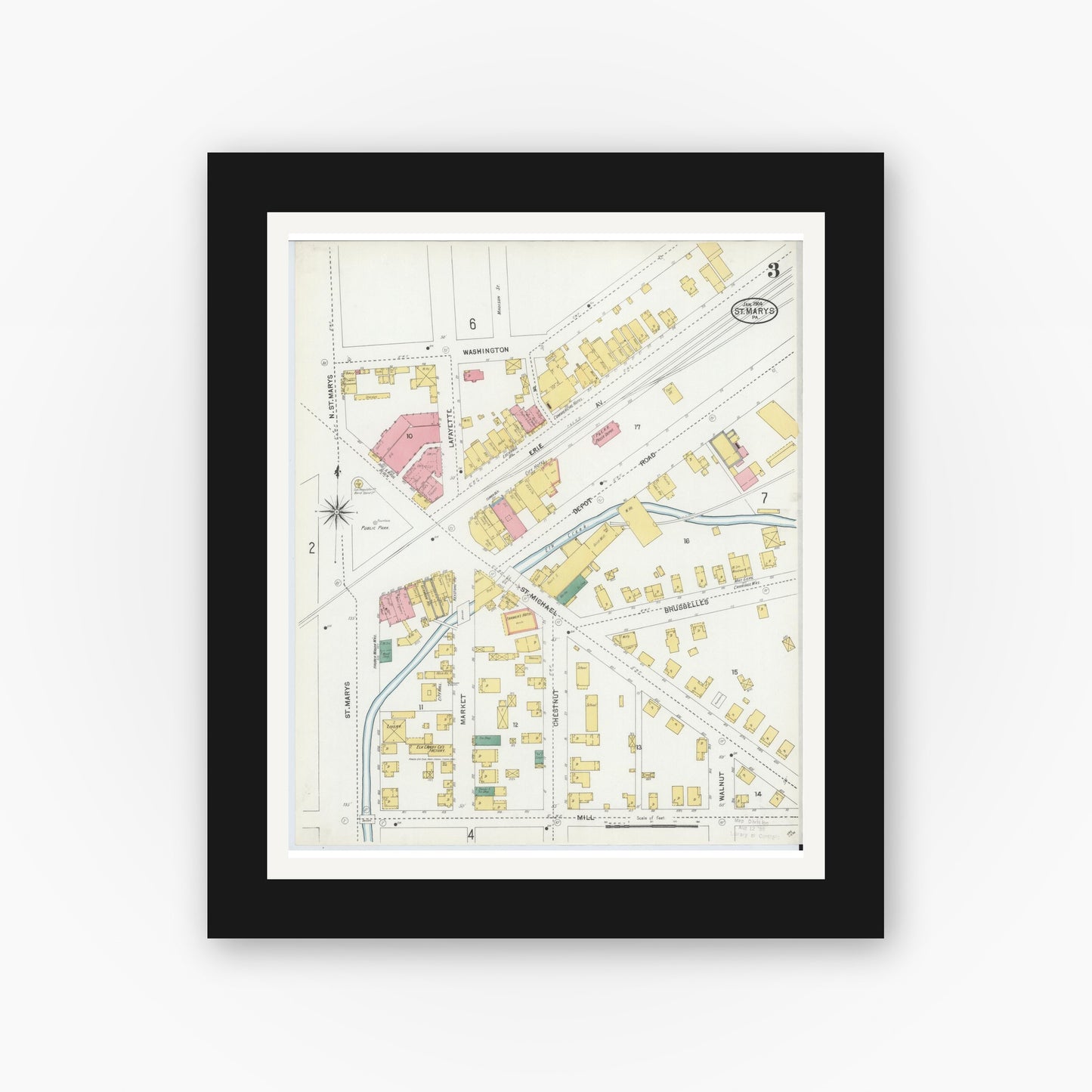 Old map wall art mockup — black gallery frame with white mat — Sanborn Fire Insurance Map from Saint Marys, Elk County, Pennsylvania (1904), Sheet #0003
