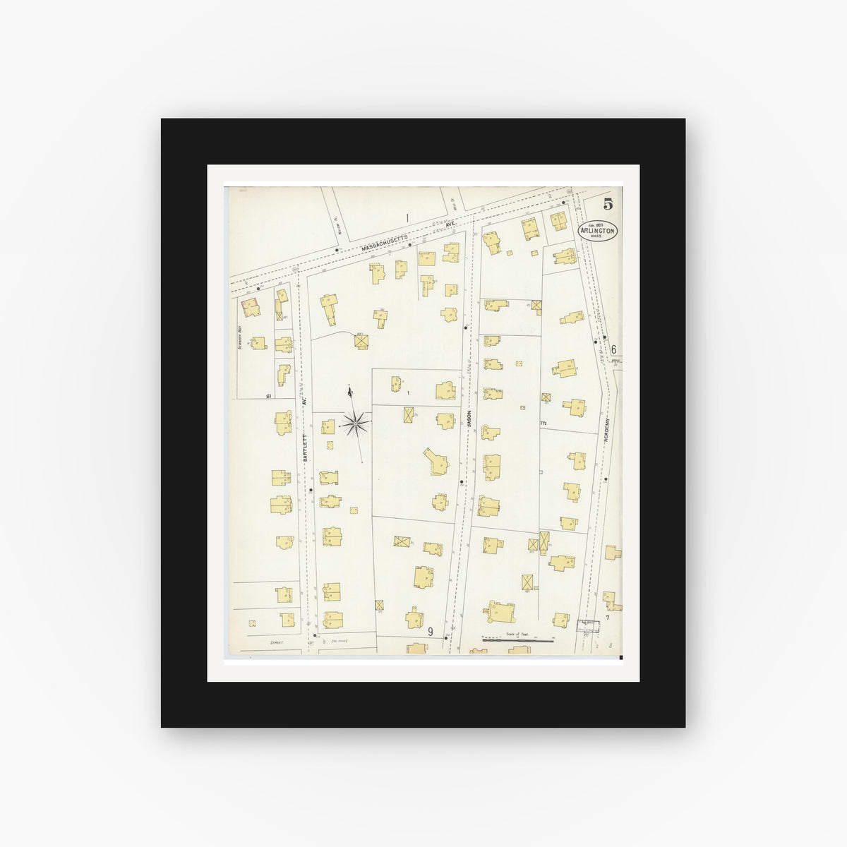 Old map wall art mockup — black gallery frame with white mat — Sanborn Fire Insurance Map from Arlington, Middlesex County, Massachusetts (1903), Sheet #0005