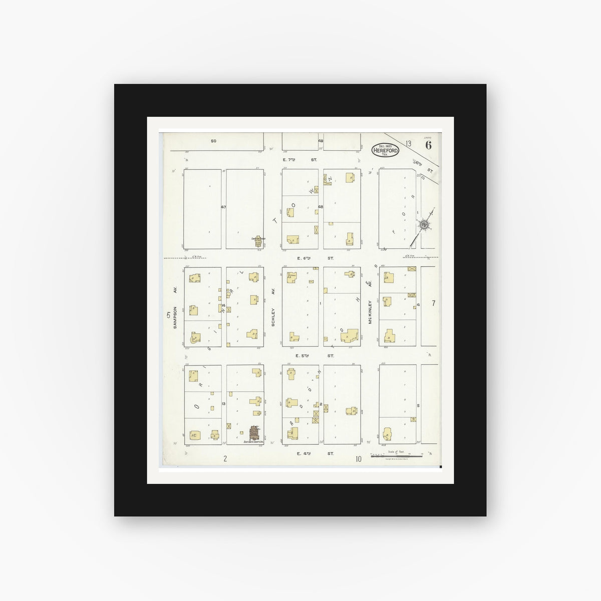 Old map wall art mockup — black gallery frame with white mat — Sanborn Fire Insurance Map from Hereford, Deaf Smith County, Texas (1920), Sheet #0006