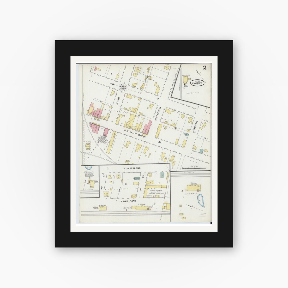 Old map wall art mockup — black gallery frame with white mat — Sanborn Fire Insurance Map from Casey, Clark County, Illinois (1893), Sheet #0002