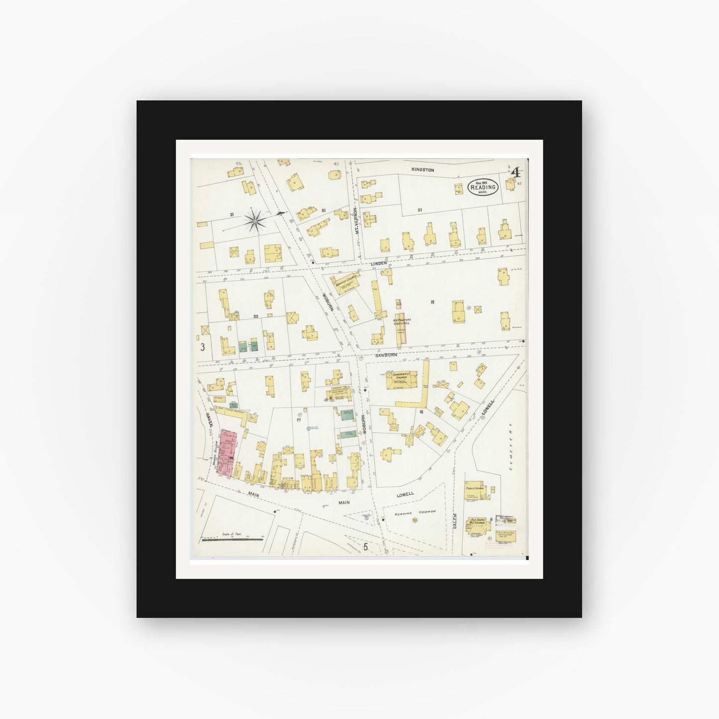 Old map wall art mockup — black gallery frame with white mat — Sanborn Fire Insurance Map from Reading, Middlesex County, Massachusetts (1903), Sheet #0004