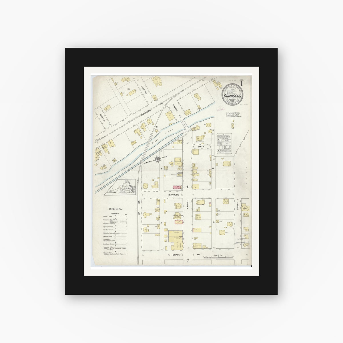 Old map wall art mockup — black gallery frame with white mat — Sanborn Fire Insurance Map from Damascus, Washington County, Virginia (1913) - Complete Map Set