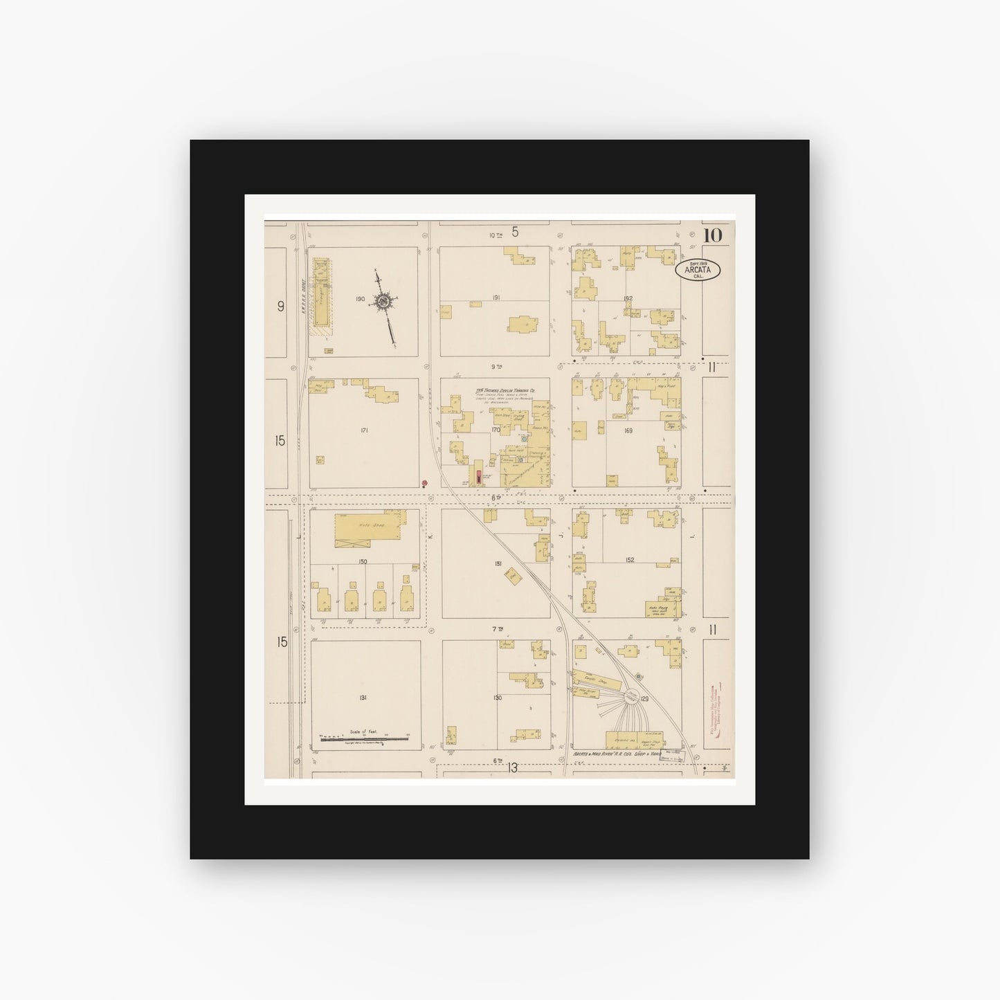 Old map wall art mockup — black gallery frame with white mat — Sanborn Fire Insurance Map from Arcata, Humboldt County, California (1919), Sheet #0010