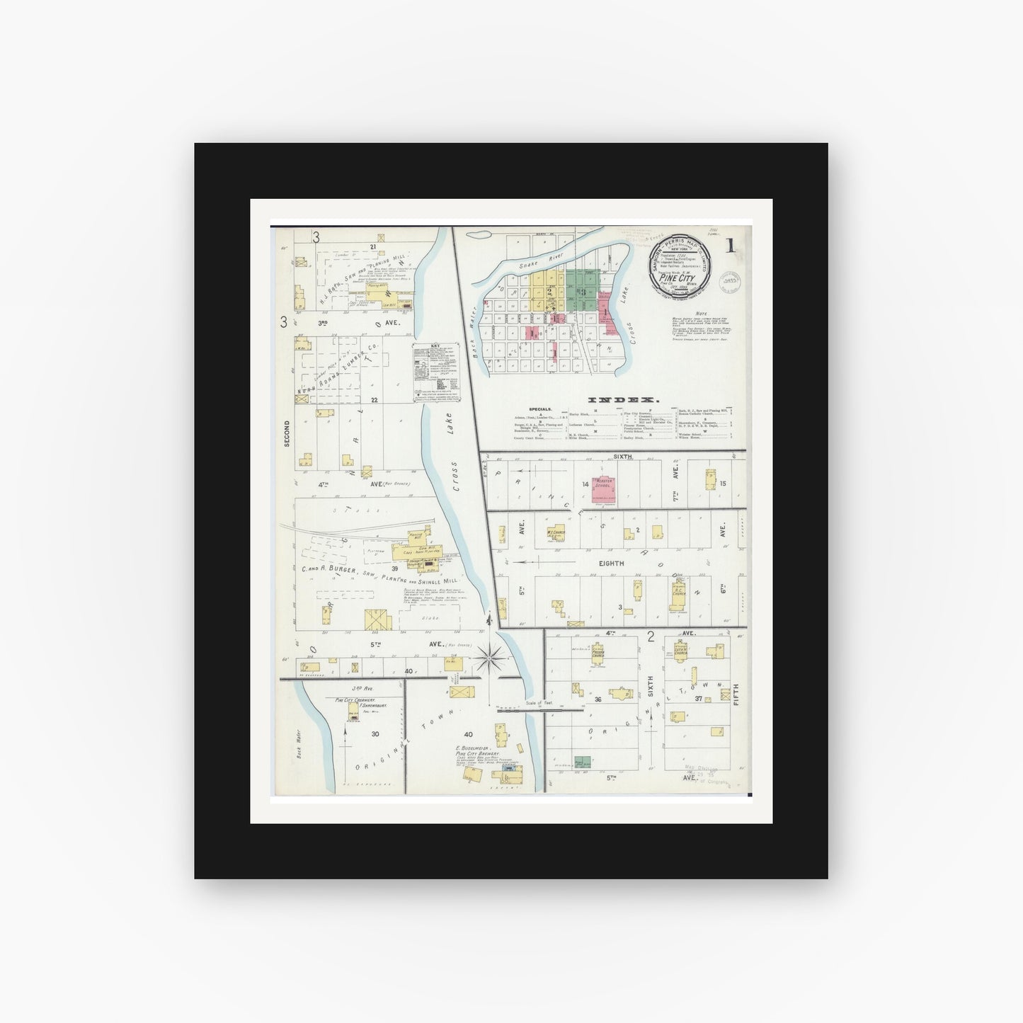 Old map wall art mockup — black gallery frame with white mat — Sanborn Fire Insurance Map from Pine City, Pine County, Minnesota (1899), Sheet #0001