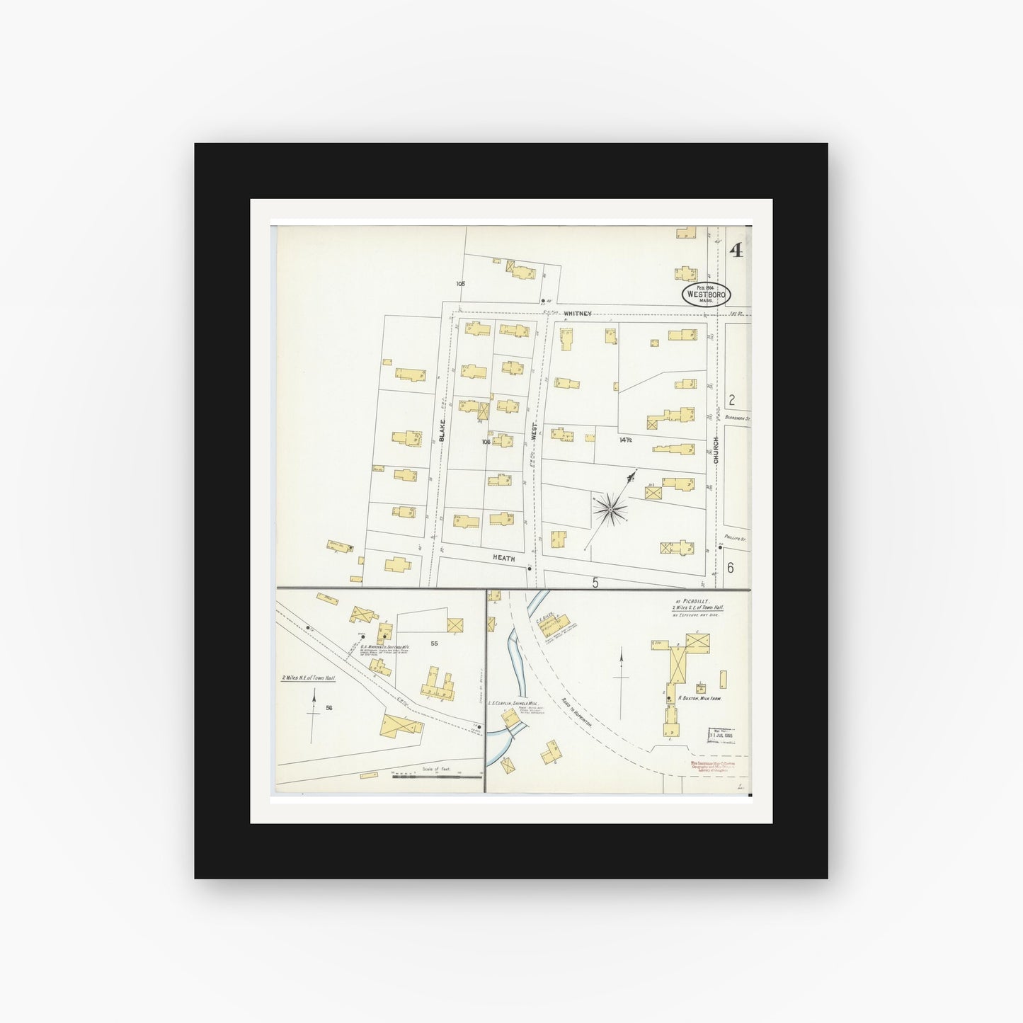 Old map wall art mockup — black gallery frame with white mat — Sanborn Fire Insurance Map from Westboro, Worcester County, Massachusetts (1904), Sheet #0004