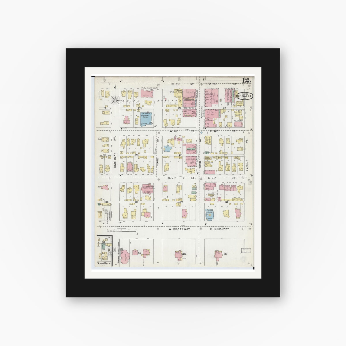 Old map wall art mockup — black gallery frame with white mat — Sanborn Fire Insurance Map from Sedalia, Pettis County, Missouri (1892), Sheet #0012