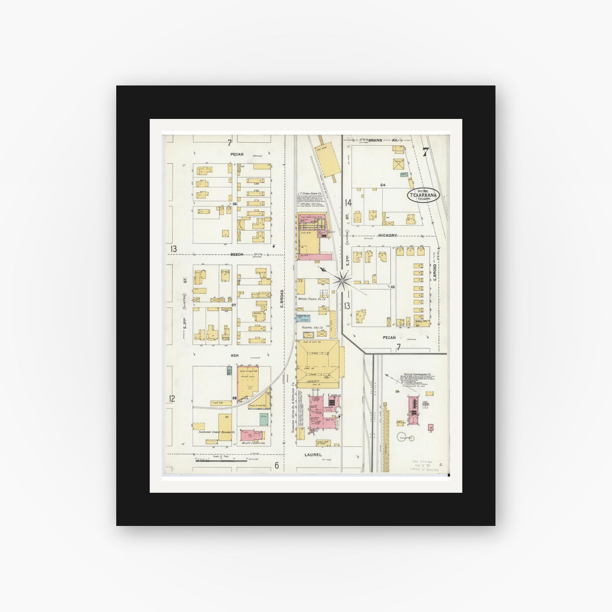 Old map wall art mockup — black gallery frame with white mat — Sanborn Fire Insurance Map from Texarkana, Bowie County, Texas (1905), Sheet #0007
