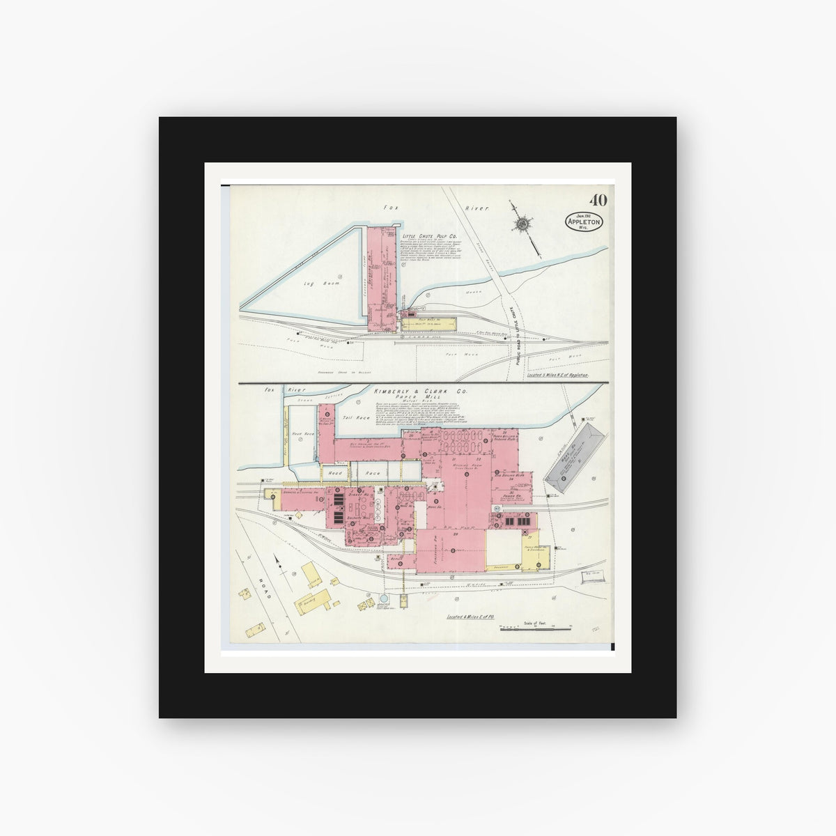 Old map wall art mockup — black gallery frame with white mat — Sanborn Fire Insurance Map from Appleton, Outagamie County, Wisconsin (1911), Sheet #0040