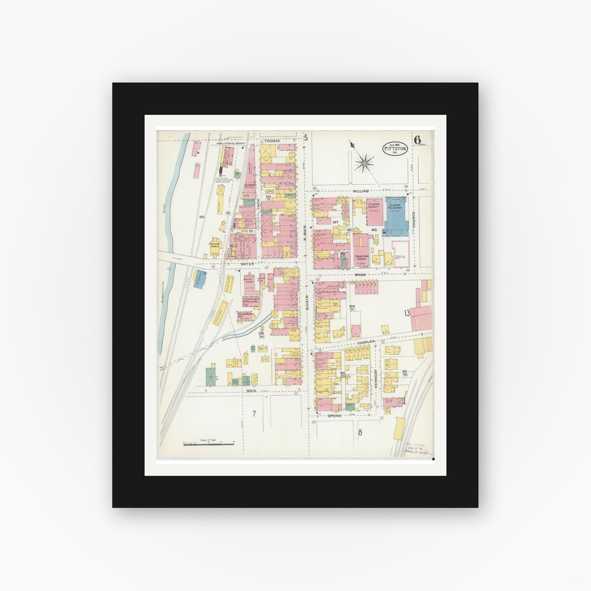 Old map wall art mockup β black gallery frame with white mat β Sanborn Fire Insurance Map from Pittston, Luzerne County, Pennsylvania (1903), Sheet #0006