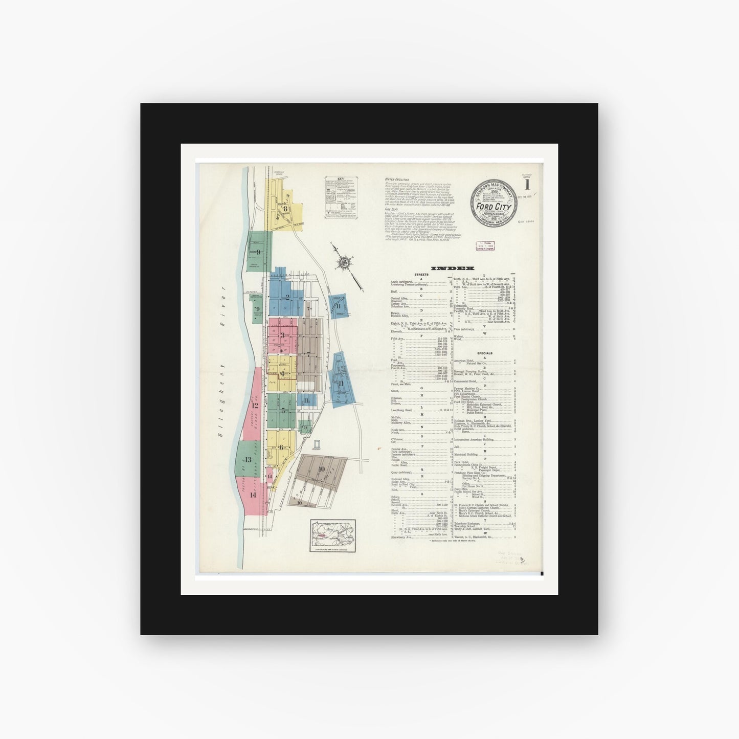 Old map wall art mockup — black gallery frame with white mat — Sanborn Fire Insurance Map from Ford City, Armstrong County, Pennsylvania (1913), Sheet #0001