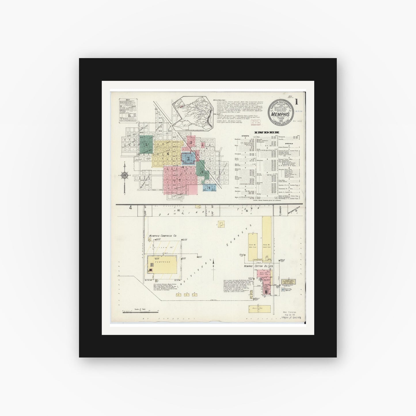 Old map wall art mockup — black gallery frame with white mat — Sanborn Fire Insurance Map from Memphis, Hall County, Texas (1914), Sheet #0001