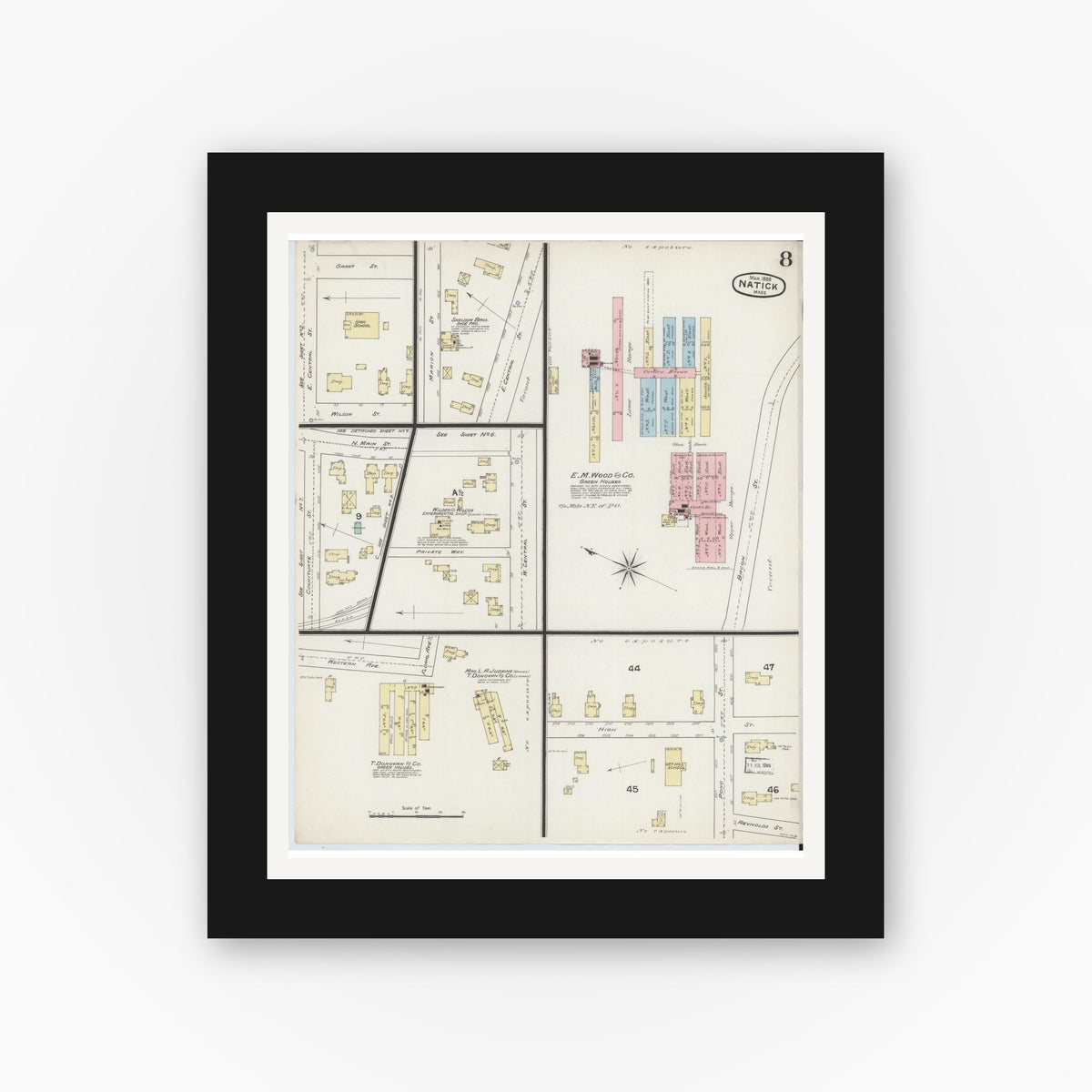 Old map wall art mockup — black gallery frame with white mat — Sanborn Fire Insurance Map from Natick, Middlesex County, Massachusetts (1888), Sheet #0008
