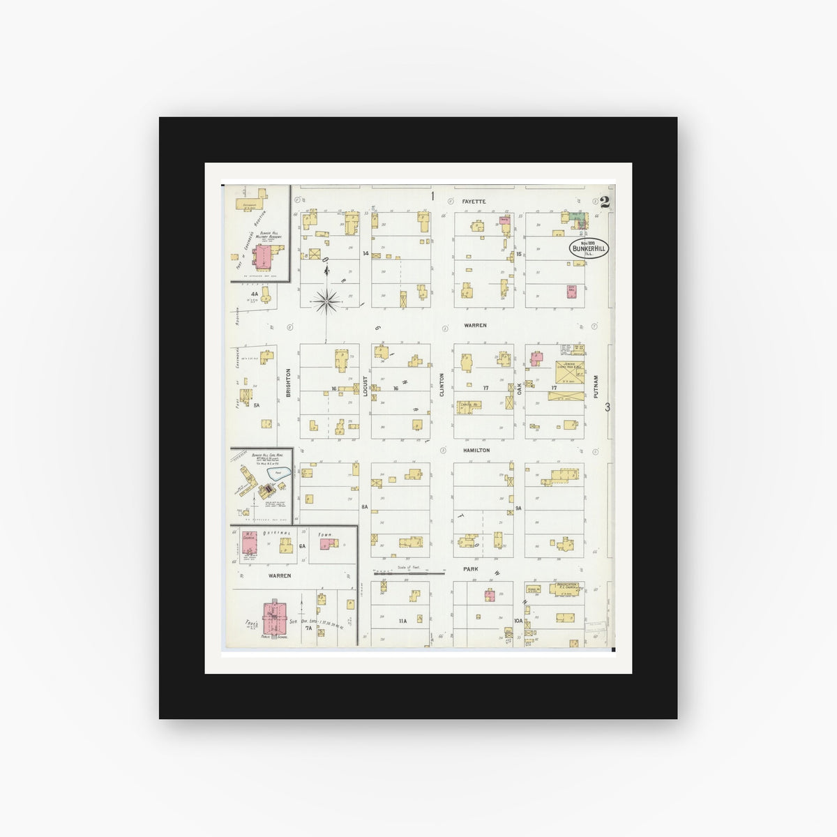 Old map wall art mockup — black gallery frame with white mat — Sanborn Fire Insurance Map from Bunker Hill, Macoupin County, Illinois (1899), Sheet #0002