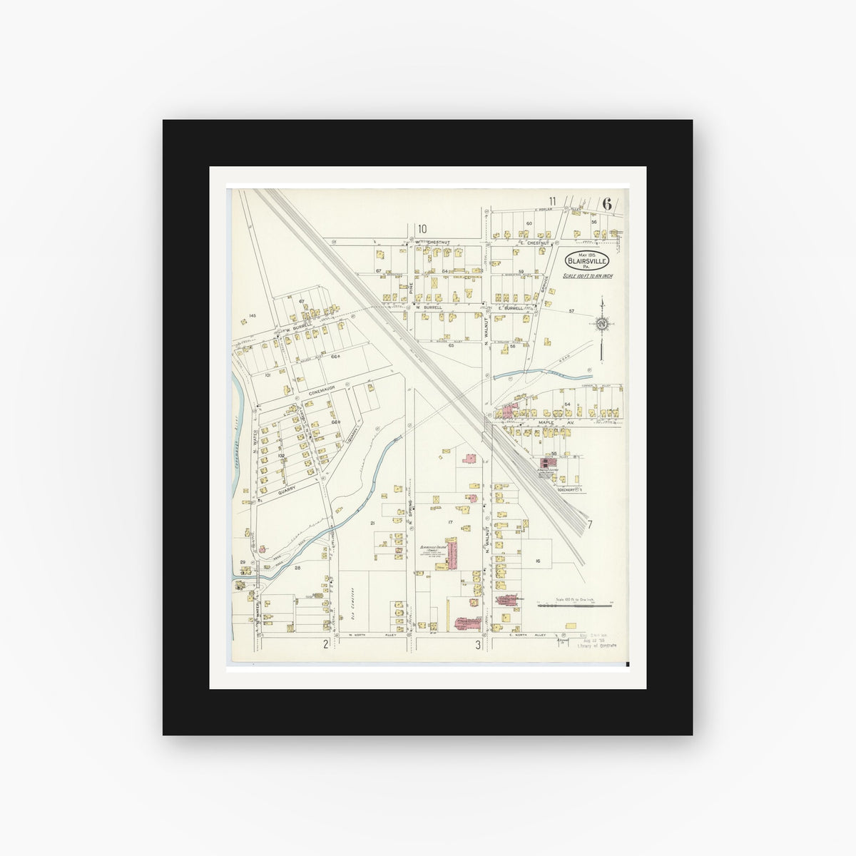 Old map wall art mockup — black gallery frame with white mat — Sanborn Fire Insurance Map from Blairsville, Indiana County, Pennsylvania (1915), Sheet #0006