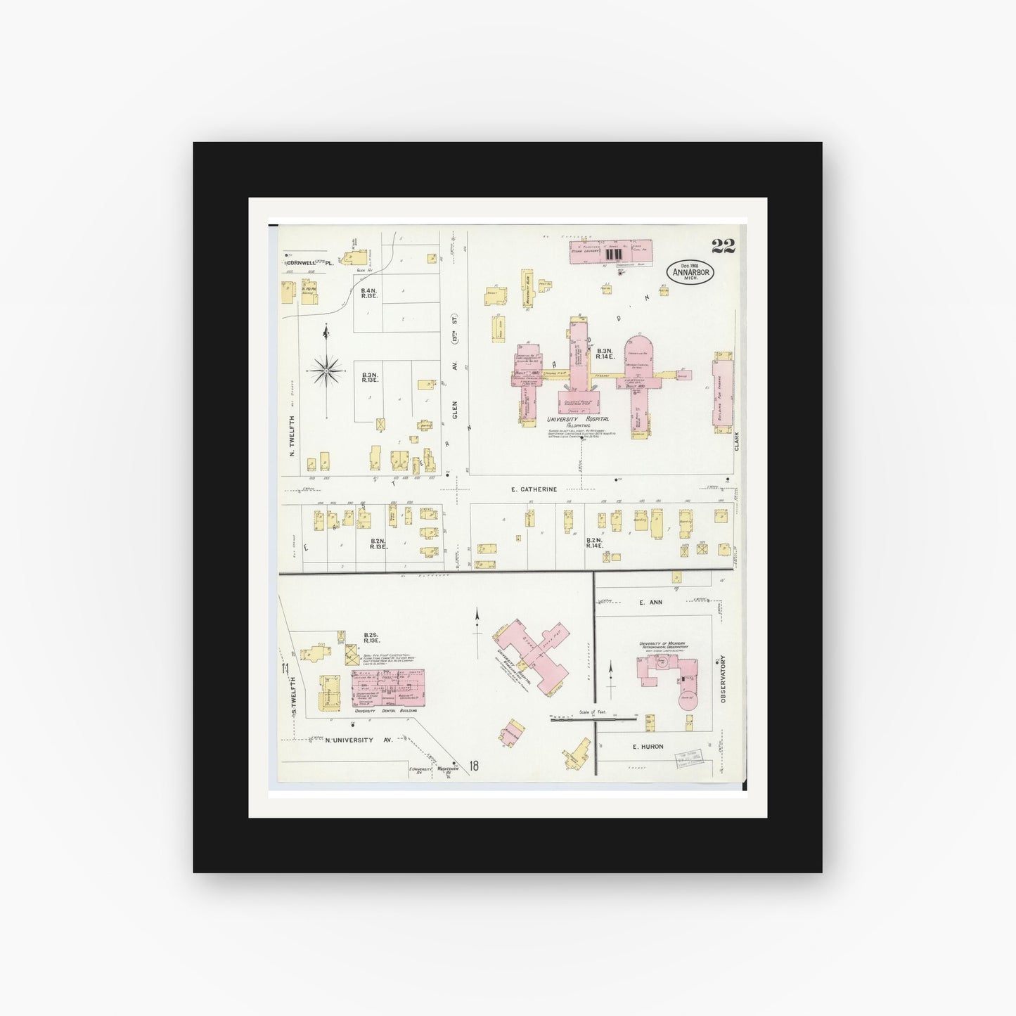 Old map wall art mockup — black gallery frame with white mat — Sanborn Fire Insurance Map from Ann Arbor, Washtenaw County, Michigan (1908), Sheet #0022