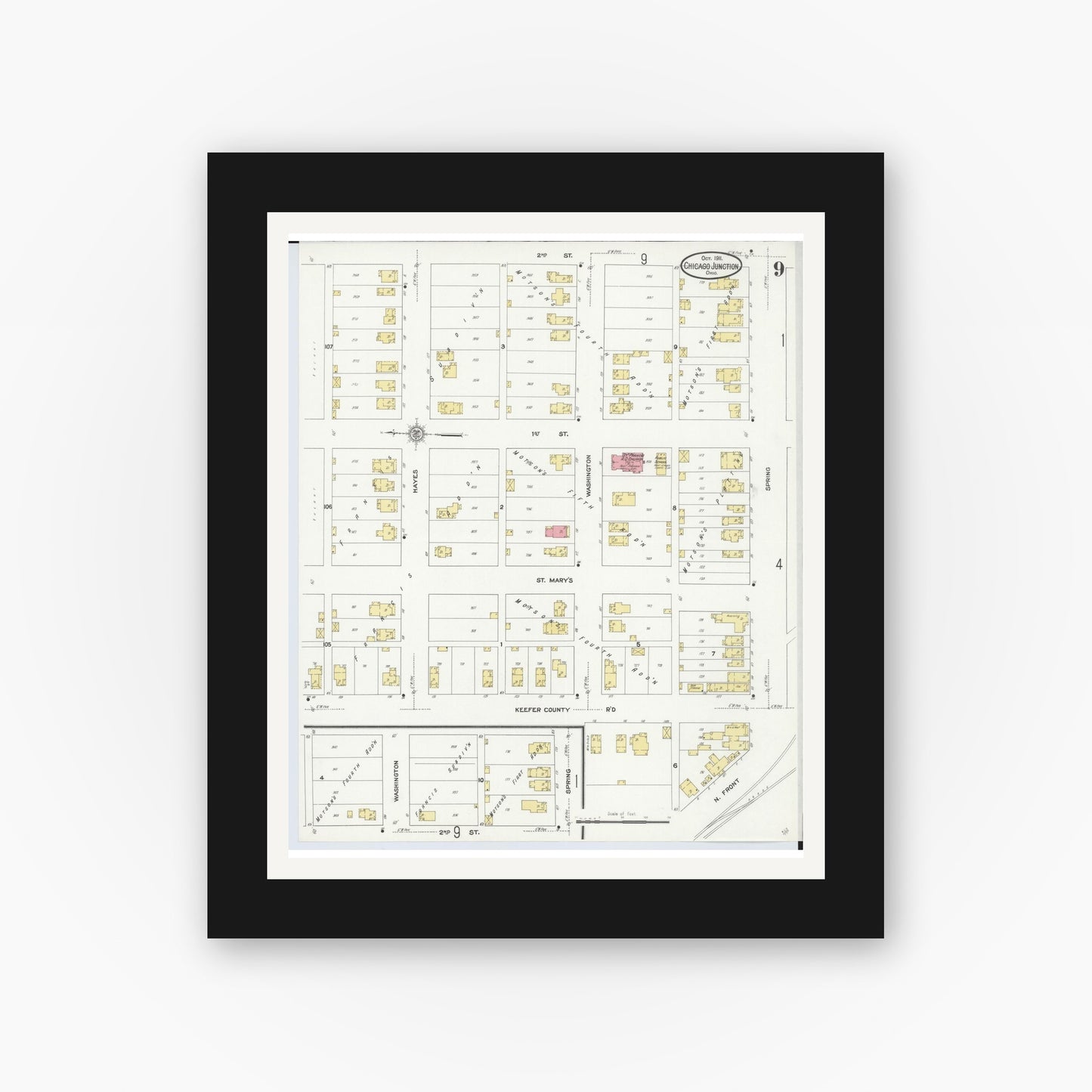 Old map wall art mockup — black gallery frame with white mat — Sanborn Fire Insurance Map from Chicago Junction, Huron County, Ohio (1911), Sheet #0009