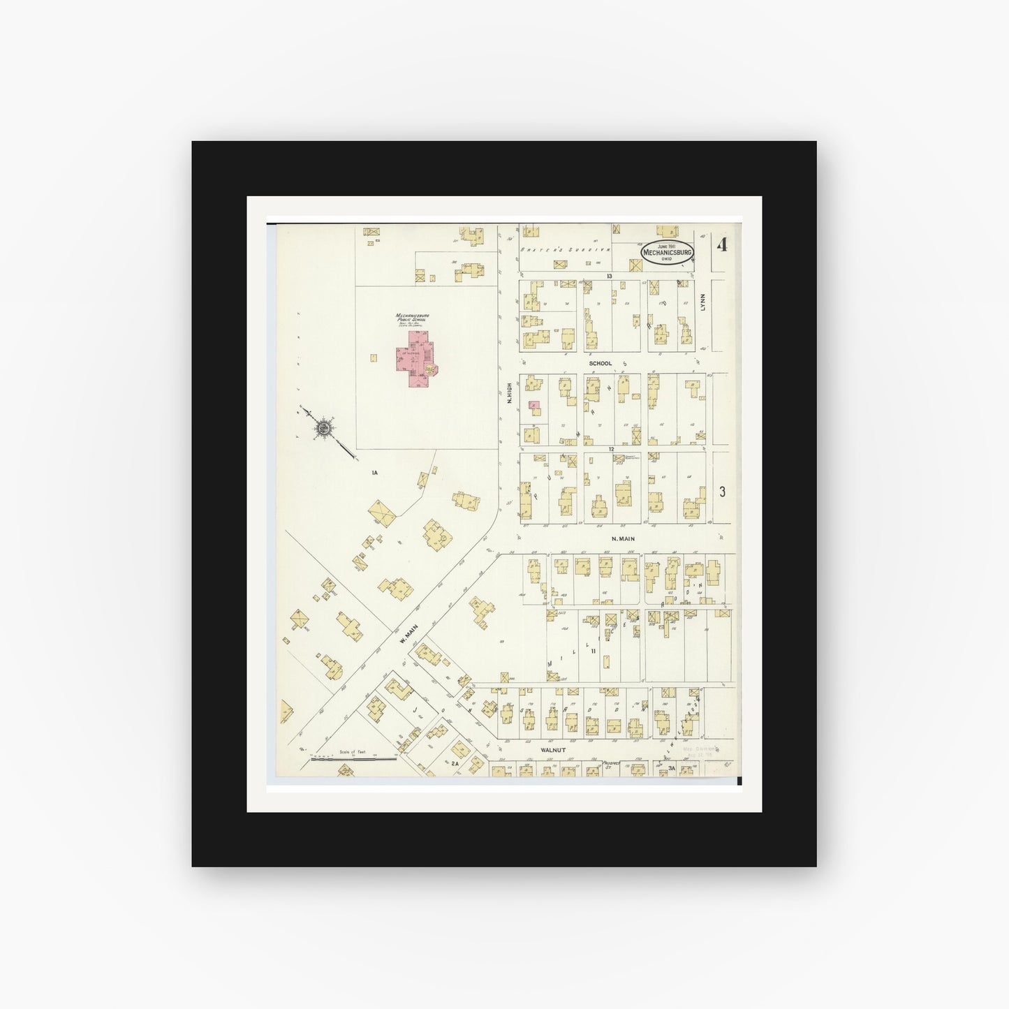 Old map wall art mockup — black gallery frame with white mat — Sanborn Fire Insurance Map from Mechanicsburg, Champaign County, Ohio (1911), Sheet #0004