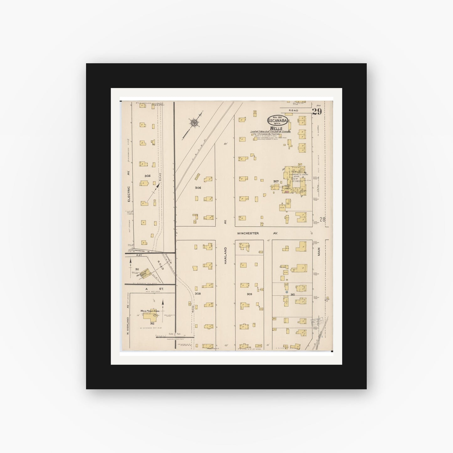 Old map wall art mockup — black gallery frame with white mat — Sanborn Fire Insurance Map from Escanaba, Delta County, Michigan (1921), Sheet #0029