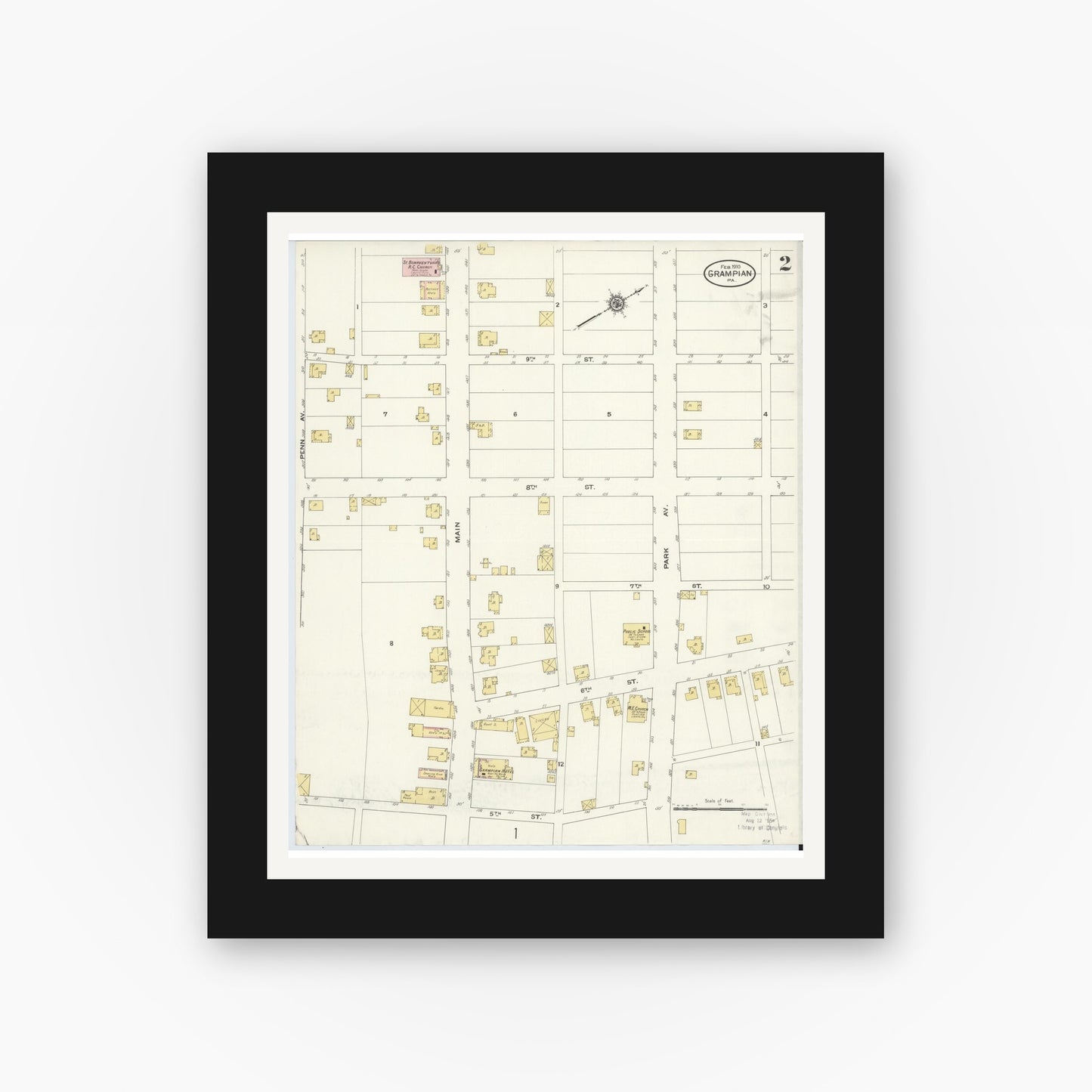 Old map wall art mockup — black gallery frame with white mat — Sanborn Fire Insurance Map from Grampian, Clearfield County, Pennsylvania (1910), Sheet #0002
