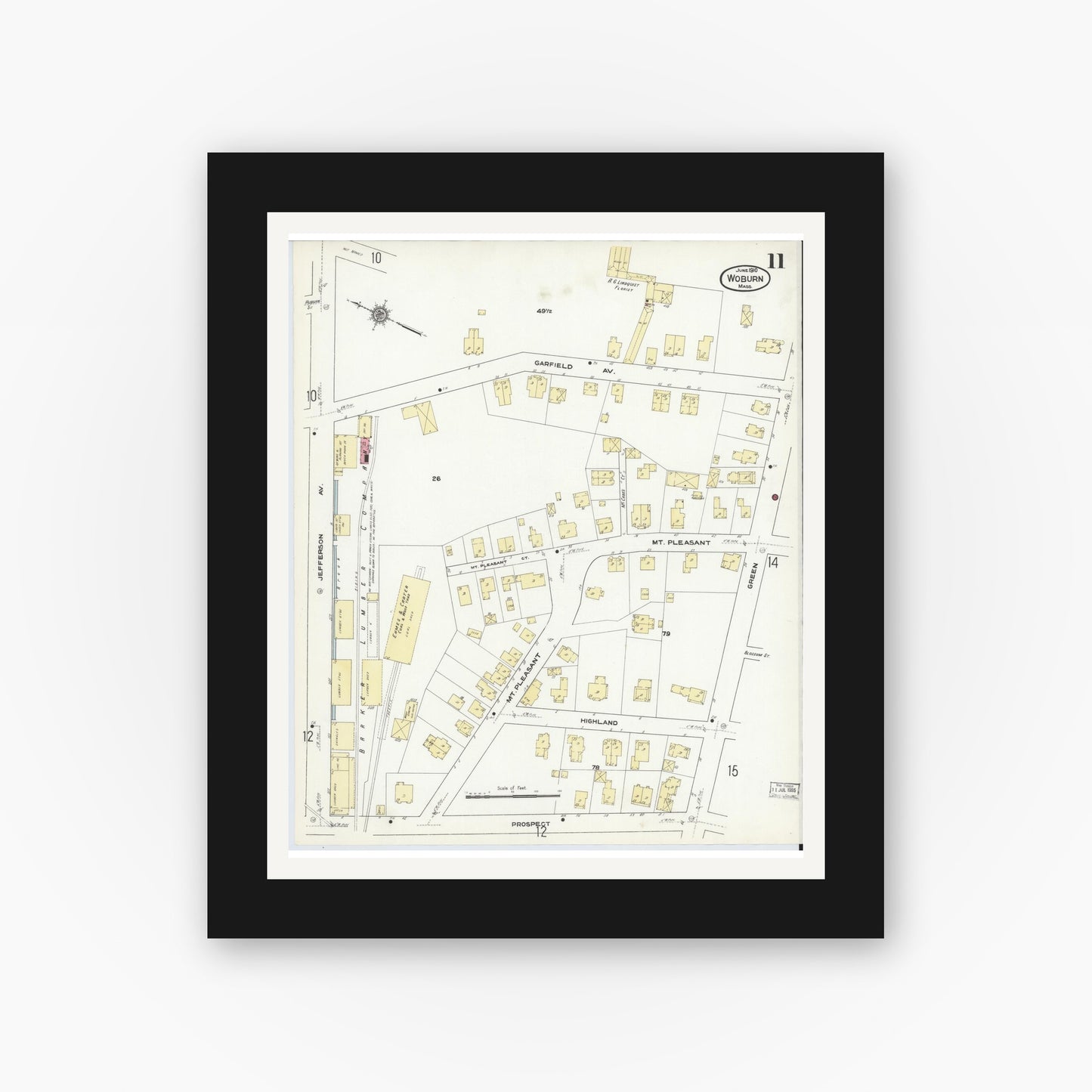 Old map wall art mockup — black gallery frame with white mat — Sanborn Fire Insurance Map from Woburn, Middlesex County, Massachusetts (1910), Sheet #0011