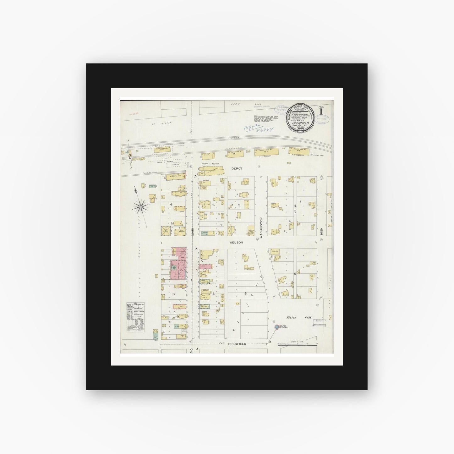 Old map wall art mockup — black gallery frame with white mat — Sanborn Fire Insurance Map from Deerfield, Dane County, Wisconsin (1898), Sheet #0001