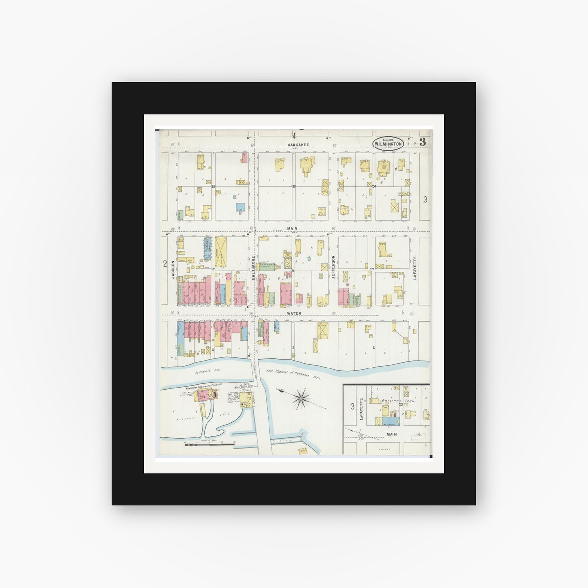 Old map wall art mockup — black gallery frame with white mat — Sanborn Fire Insurance Map from Wilmington, Will County, Illinois (1898), Sheet #0003
