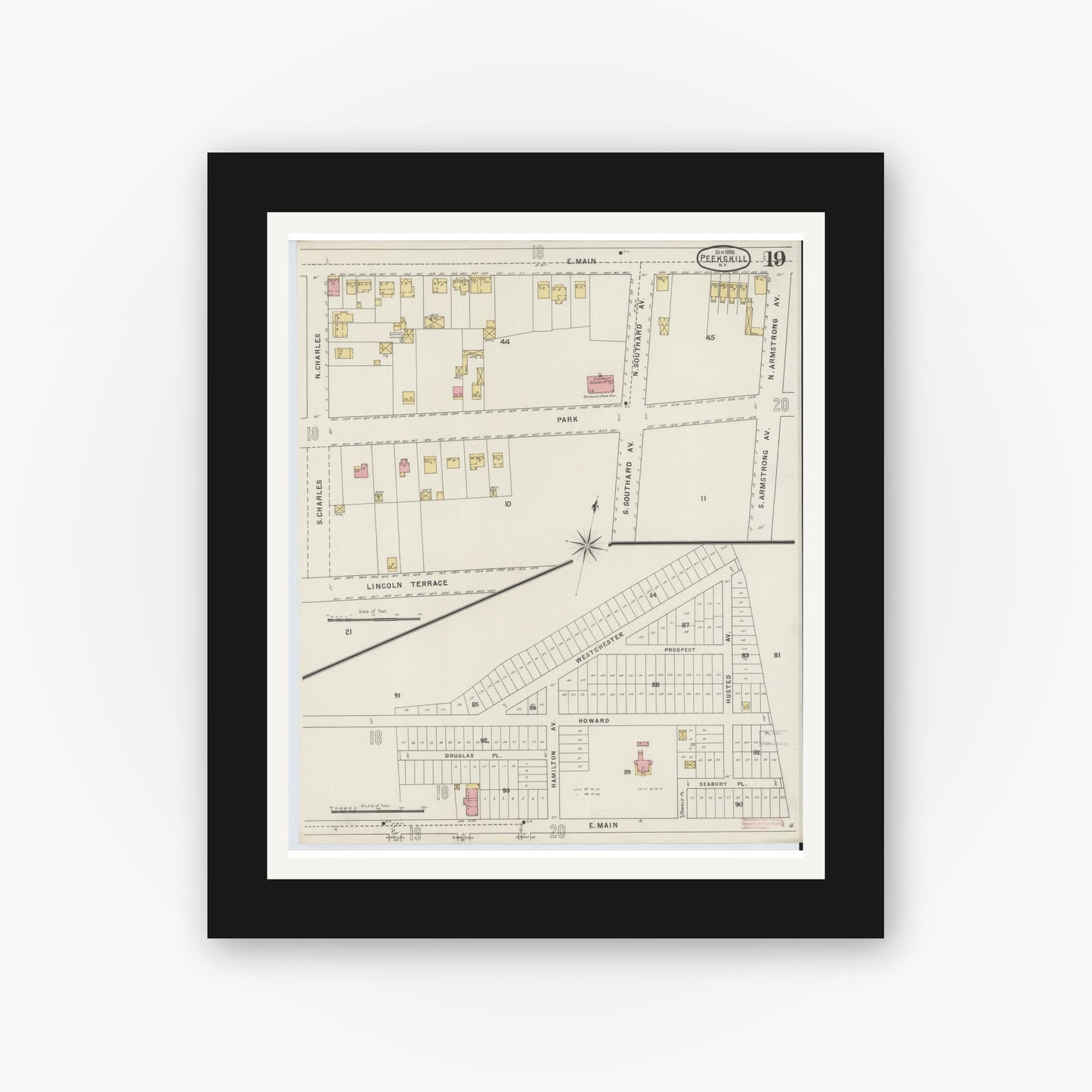 Old map wall art mockup — black gallery frame with white mat — Sanborn Fire Insurance Map from Peekskill, Westchester County, New York (1895), Sheet #0019