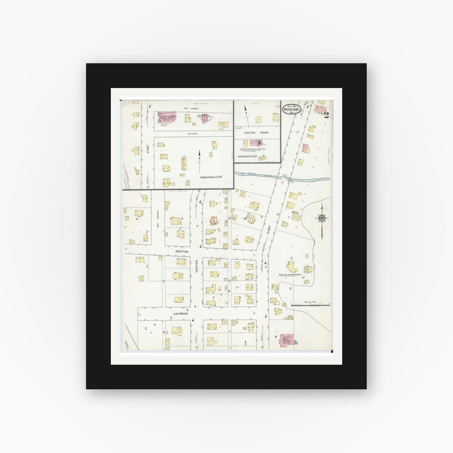 Old map wall art mockup — black gallery frame with white mat — Sanborn Fire Insurance Map from Wonewoc, Juneau County, Wisconsin (1914), Sheet #0002