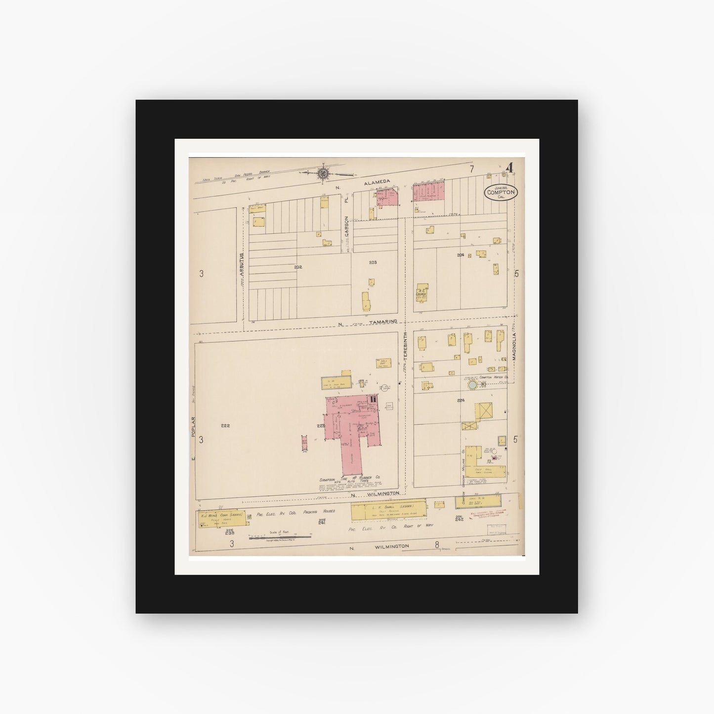 Old map wall art mockup — black gallery frame with white mat — Sanborn Fire Insurance Map from Compton, Los Angeles County, California (1922), Sheet #0004