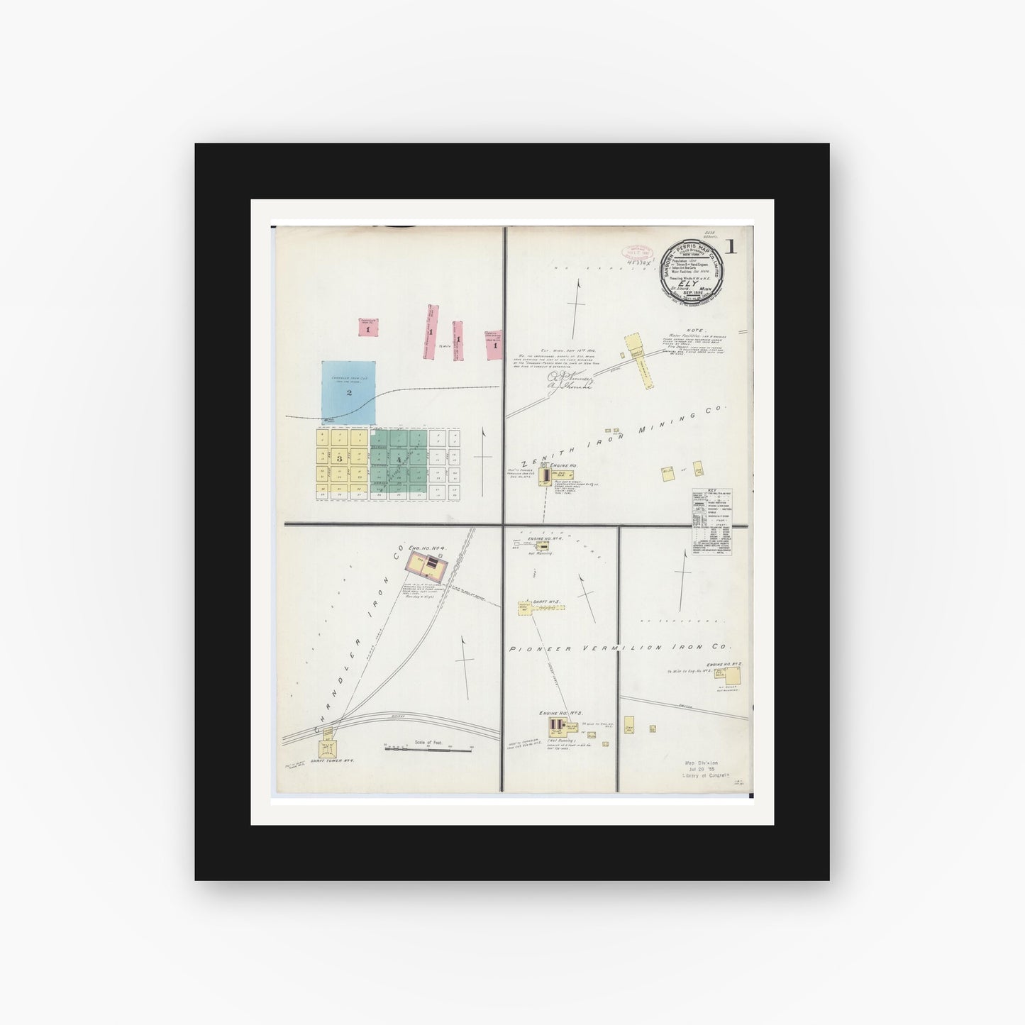 Old map wall art mockup — black gallery frame with white mat — Sanborn Fire Insurance Map from Ely, Saint Louis County, Minnesota (1892), Sheet #0001