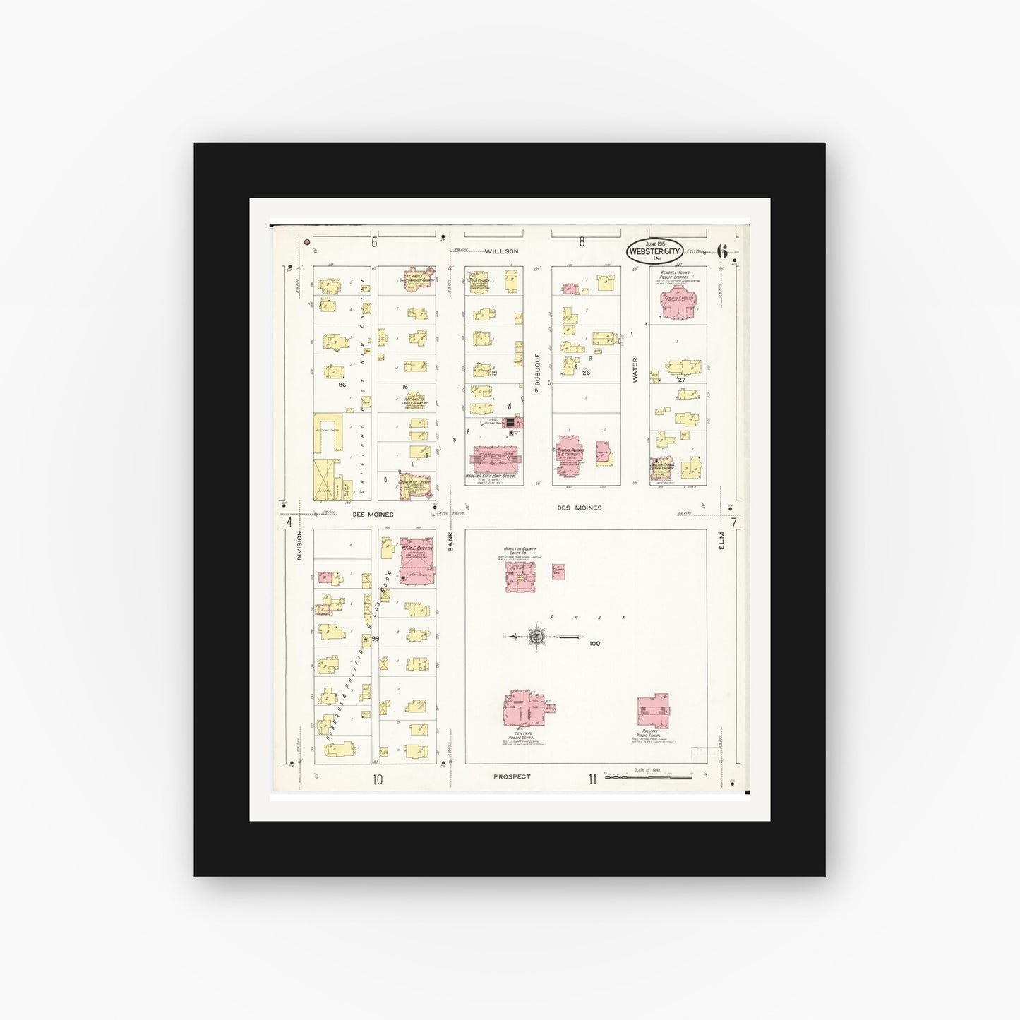 Old map wall art mockup — black gallery frame with white mat — Sanborn Fire Insurance Map from Webster City, Hamilton County, Iowa (1915), Sheet #0006