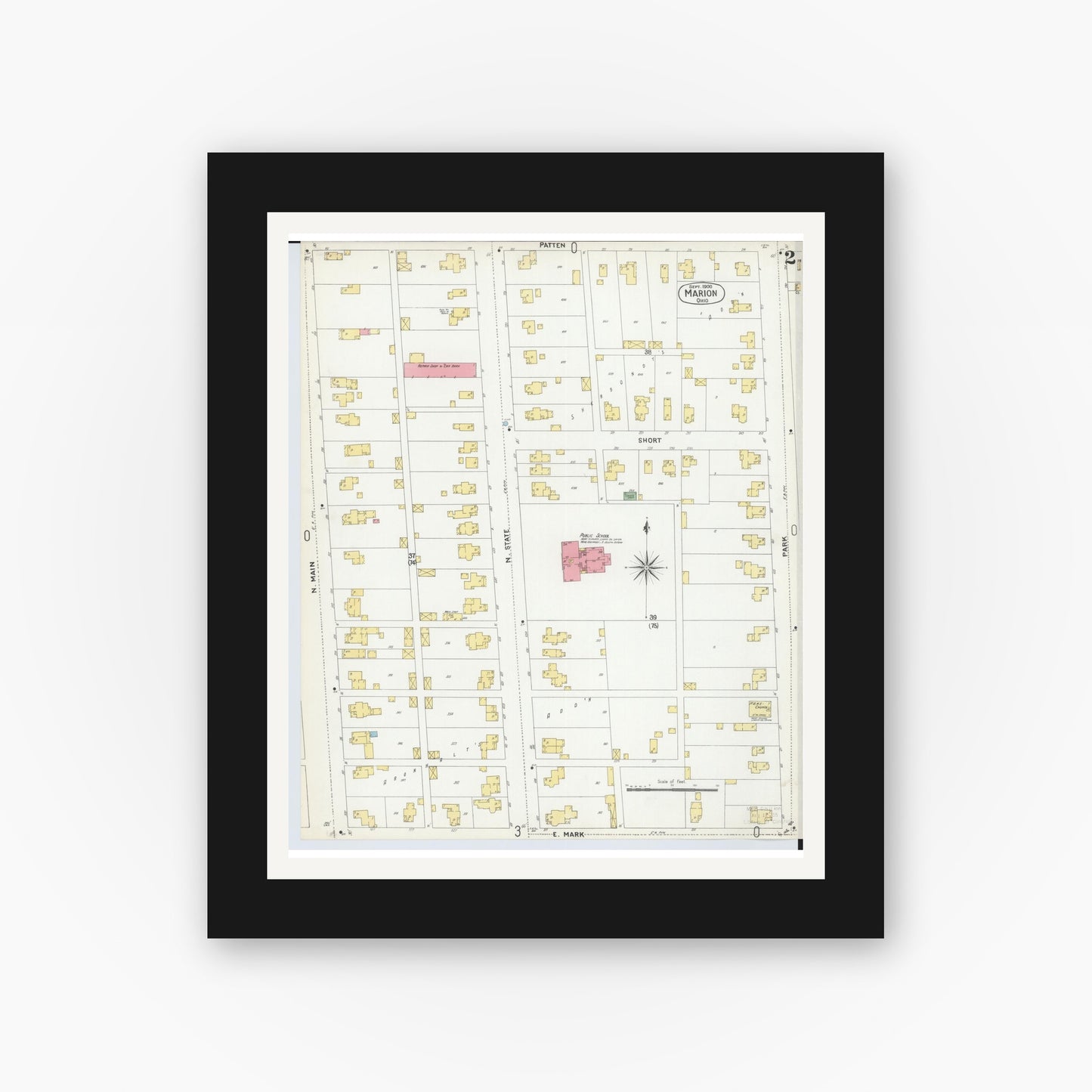 Old map wall art mockup — black gallery frame with white mat — Sanborn Fire Insurance Map from Marion, Marion County, Ohio (1900), Sheet #0002