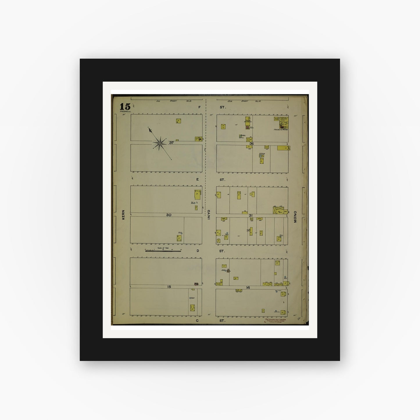 Old map wall art mockup — black gallery frame with white mat — Sanborn Fire Insurance Map from Fresno, Fresno County, California (1888), Sheet #0015