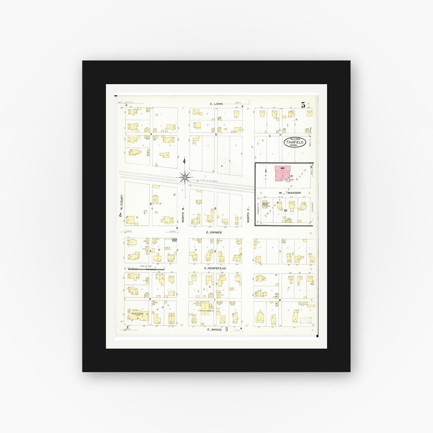 Old map wall art mockup — black gallery frame with white mat — Sanborn Fire Insurance Map from Fairfield, Jefferson County, Iowa (1907), Sheet #0005