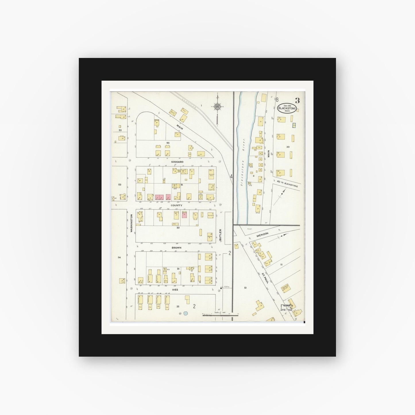 Old map wall art mockup — black gallery frame with white mat — Sanborn Fire Insurance Map from Blackstone, Worcester County, Massachusetts (1910), Sheet #0003