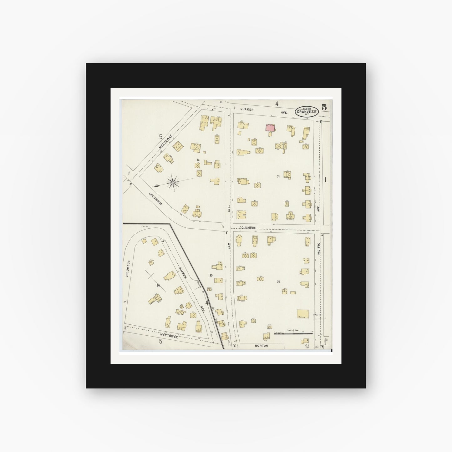 Old map wall art mockup — black gallery frame with white mat — Sanborn Fire Insurance Map from Granville, Washington County, New York (1898), Sheet #0005