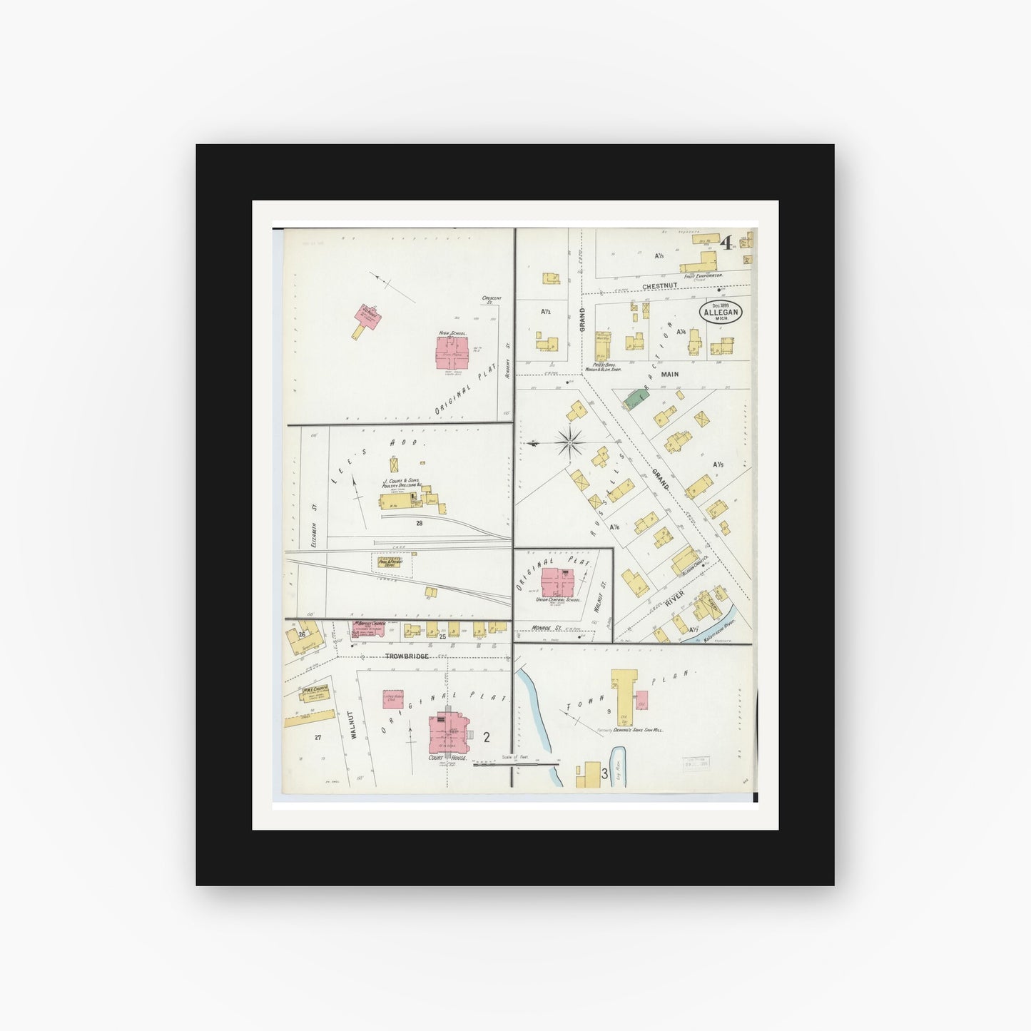 Old map wall art mockup — black gallery frame with white mat — Sanborn Fire Insurance Map from Allegan, Allegan County, Michigan (1899), Sheet #0004