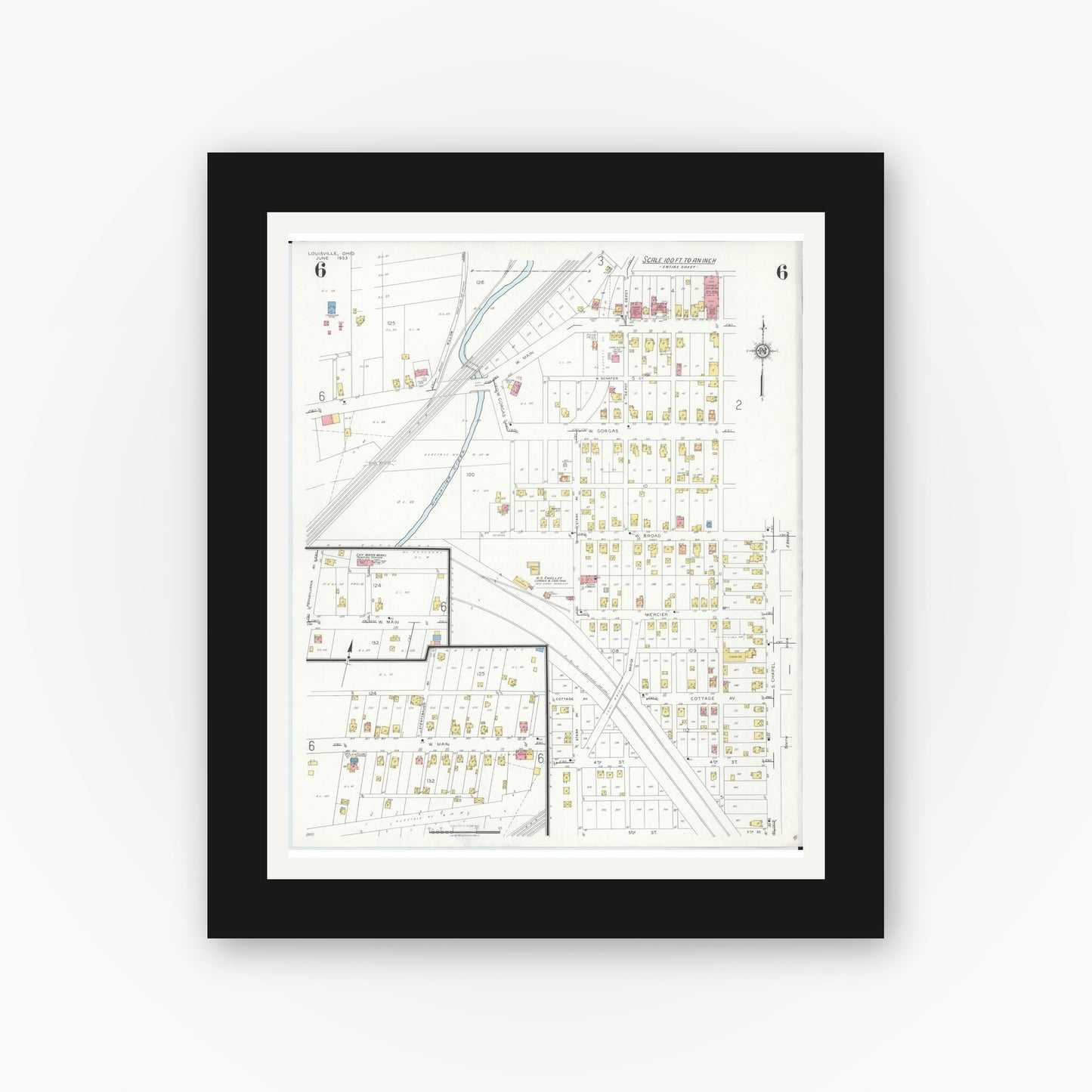 Old map wall art mockup — black gallery frame with white mat — Sanborn Fire Insurance Map from Louisville, Stark County, Ohio (1933), Sheet #0006
