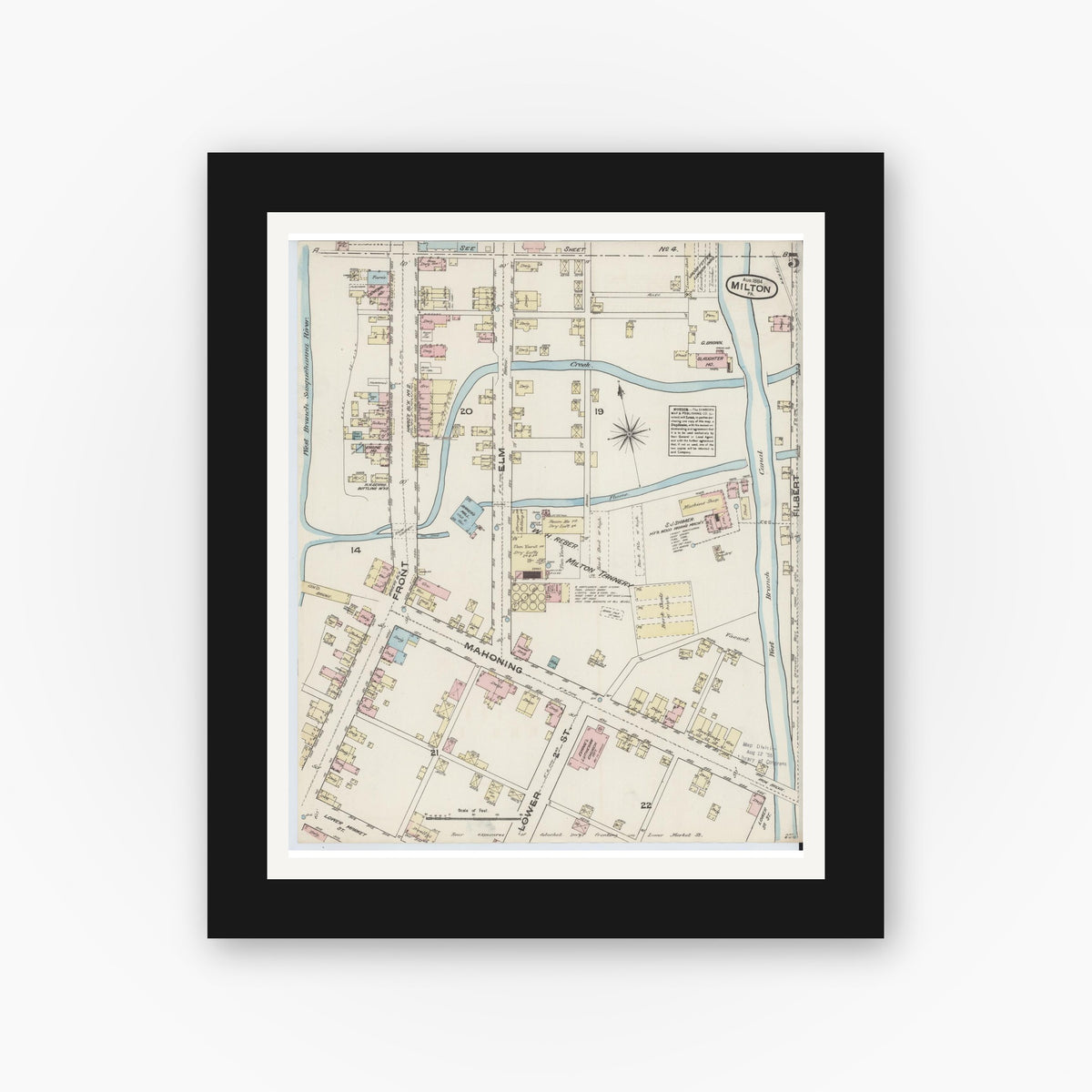 Old map wall art mockup — black gallery frame with white mat — Sanborn Fire Insurance Map from Milton, Northumberland County, Pennsylvania (1884), Sheet #0005