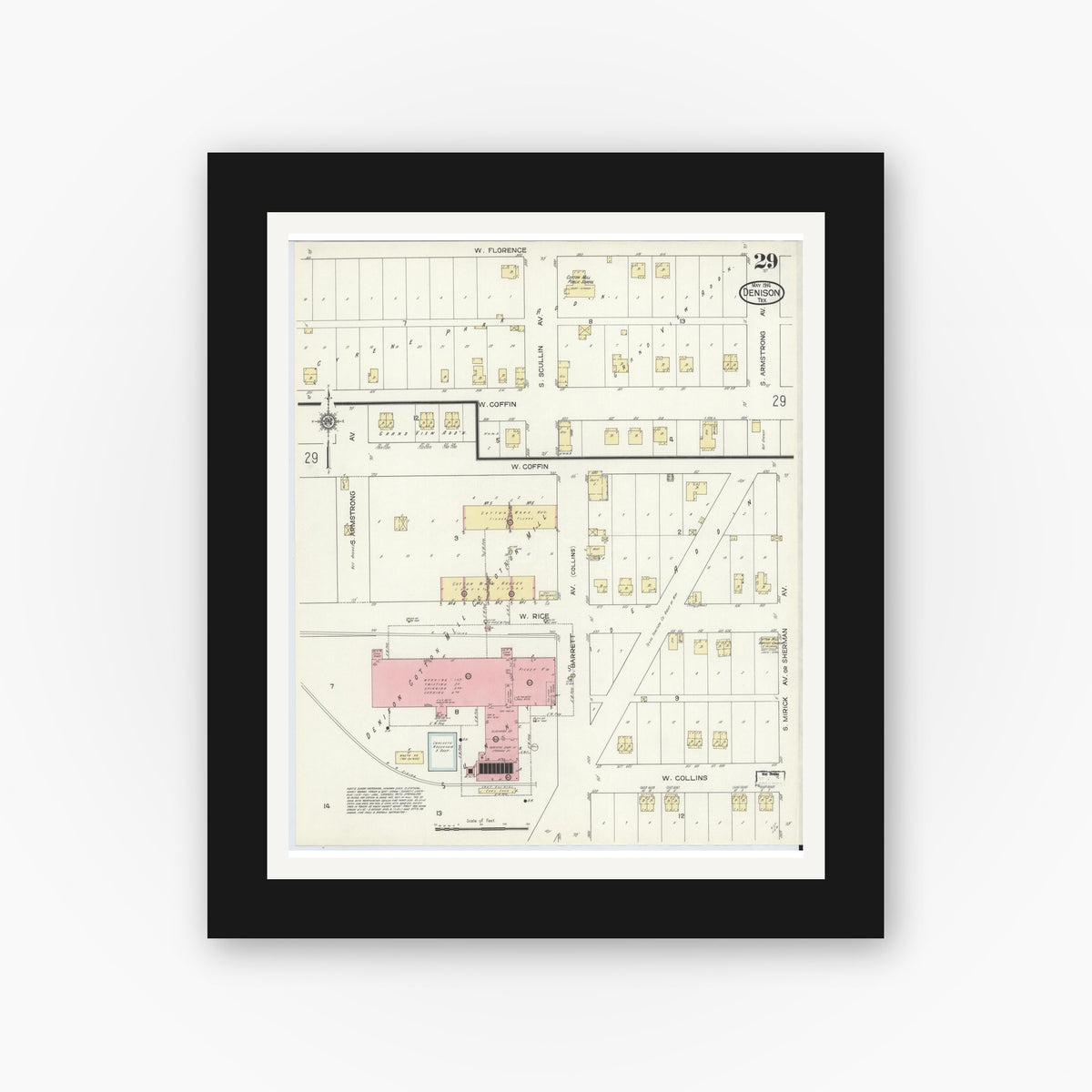 Old map wall art mockup — black gallery frame with white mat — Sanborn Fire Insurance Map from Denison, Grayson County, Texas (1914), Sheet #0029