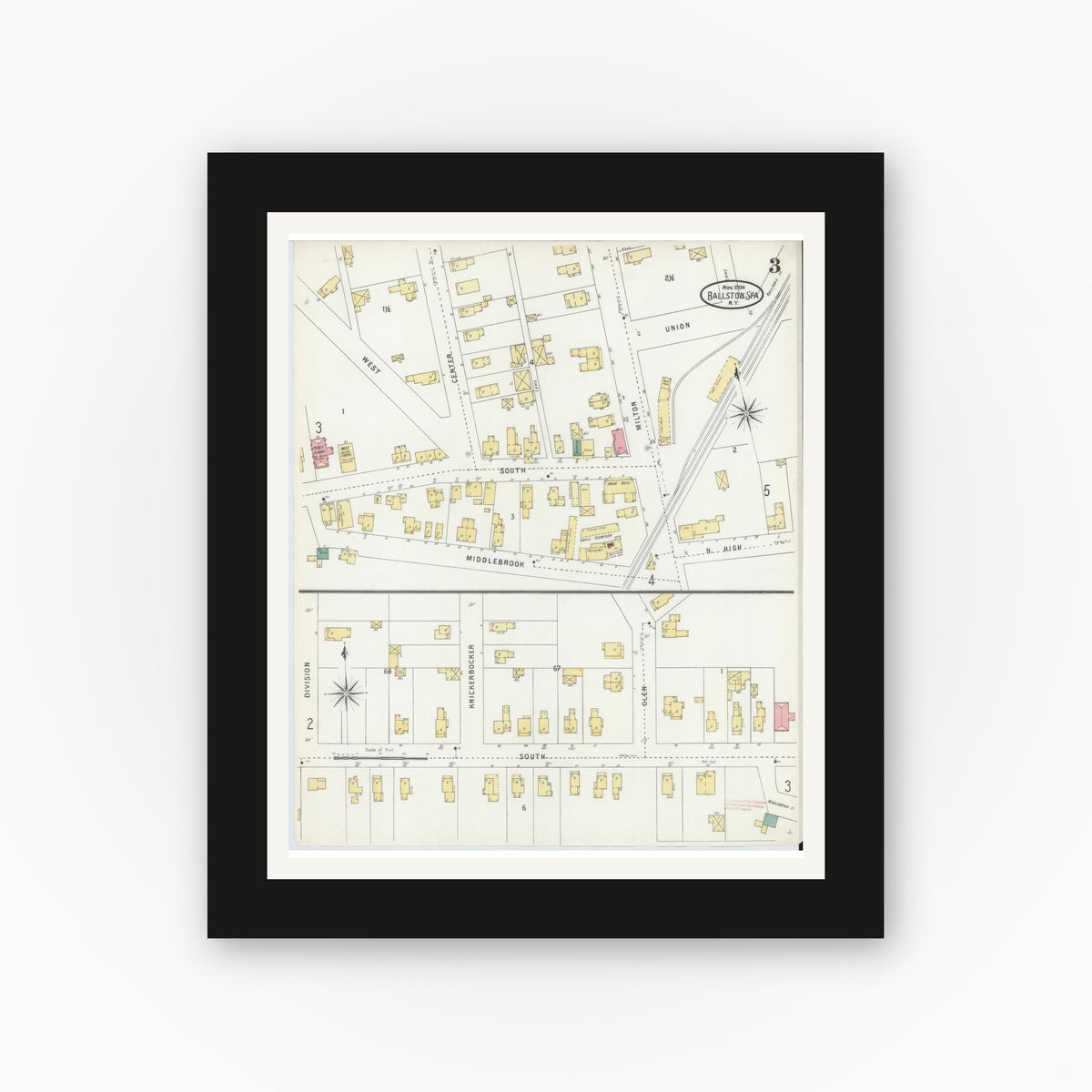 Old map wall art mockup — black gallery frame with white mat — Sanborn Fire Insurance Map from Ballston Spa, Saratoga County, New York (1904), Sheet #0003