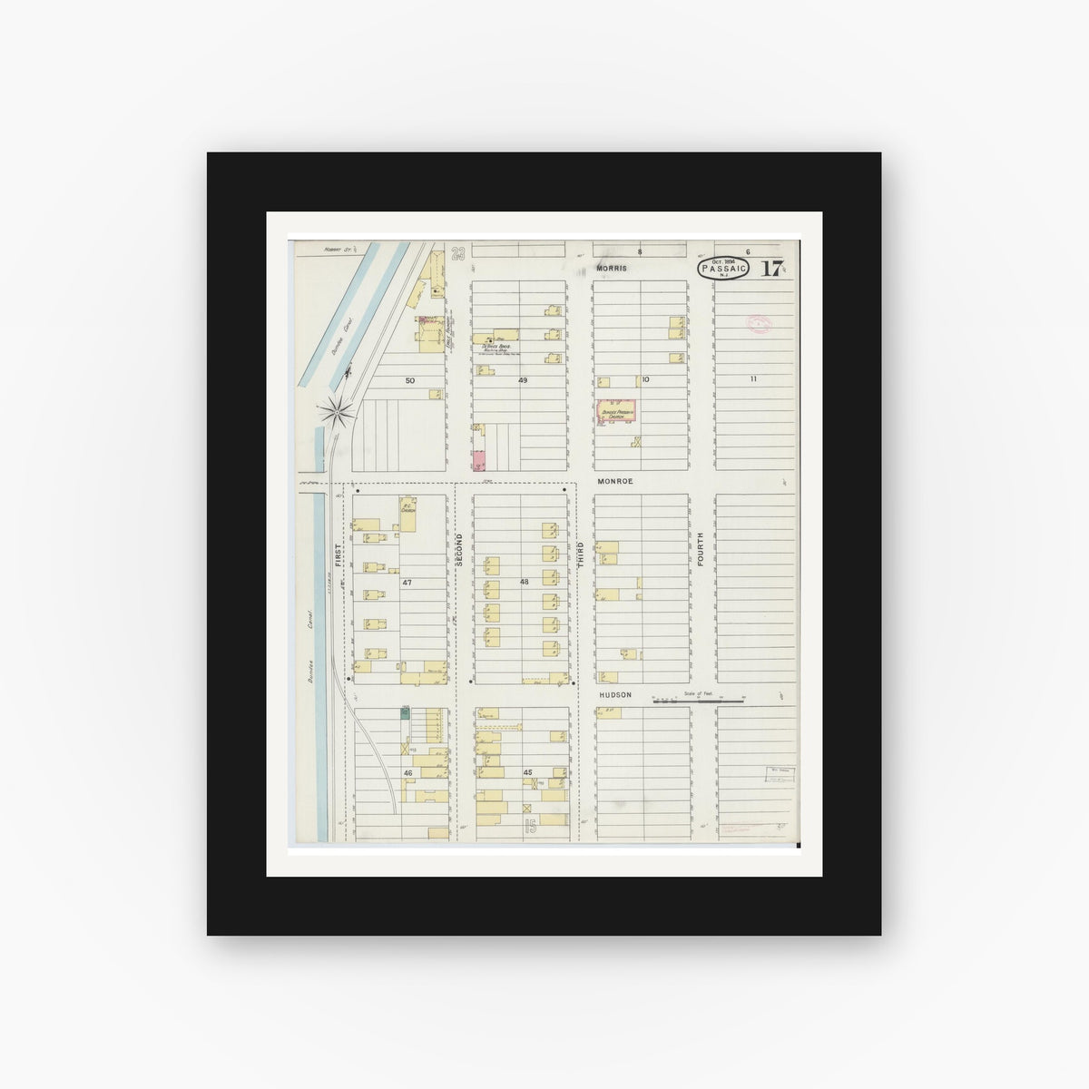 Old map wall art mockup — black gallery frame with white mat — Sanborn Fire Insurance Map from Passaic, Passaic County, New Jersey (1894), Sheet #0017